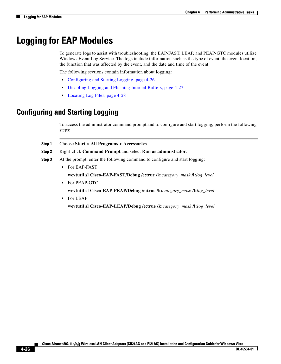 Cisco Systems PI21AG Logging for EAP Modules, Configuring and Starting Logging, page, Locating Log Files, page, 4-26 