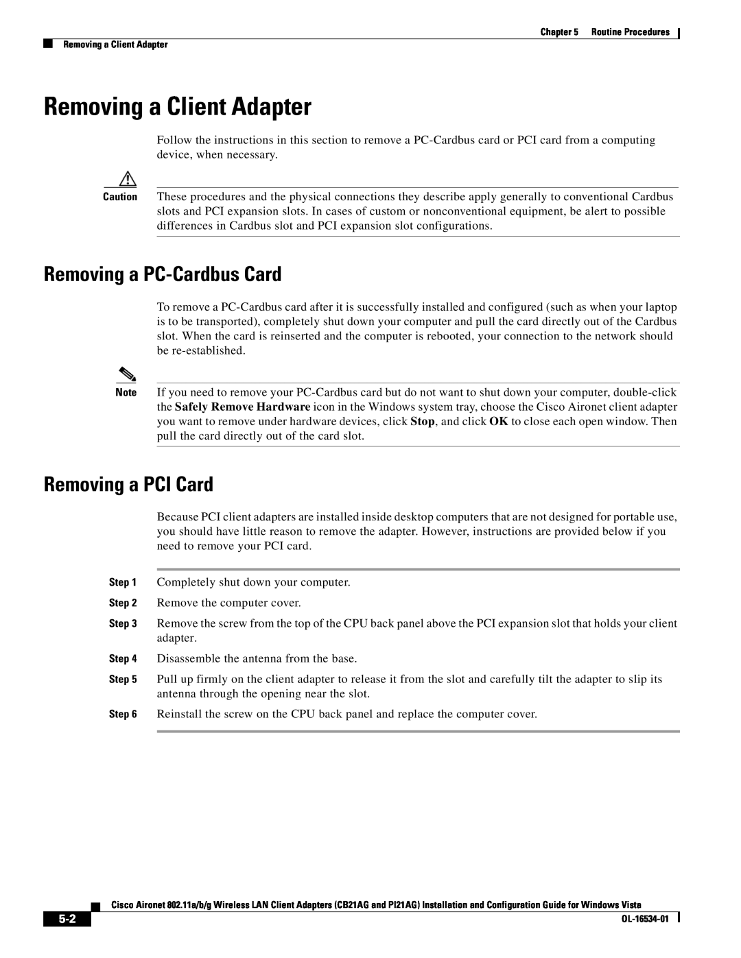 Cisco Systems PI21AG, CB21AG manual Removing a Client Adapter, Removing a PC-Cardbus Card, Removing a PCI Card 