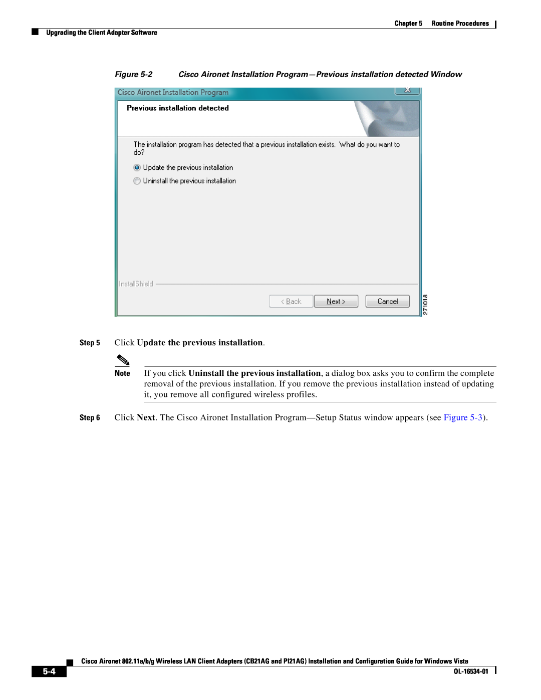 Cisco Systems PI21AG, CB21AG manual Click Update the previous installation 
