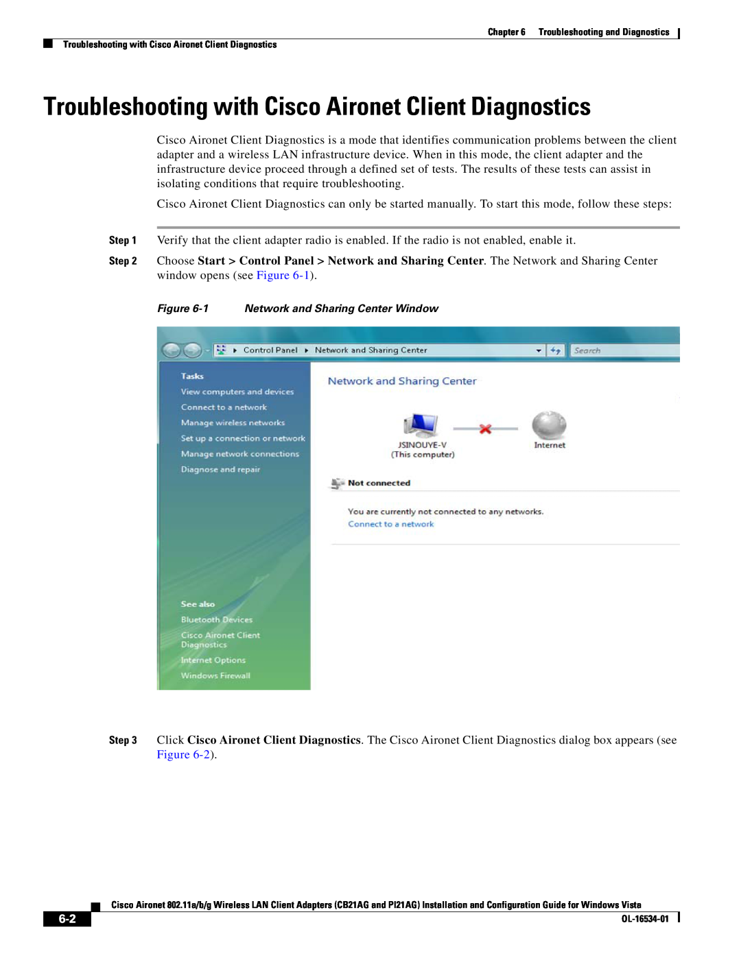 Cisco Systems PI21AG, CB21AG Troubleshooting with Cisco Aironet Client Diagnostics, 1 Network and Sharing Center Window 