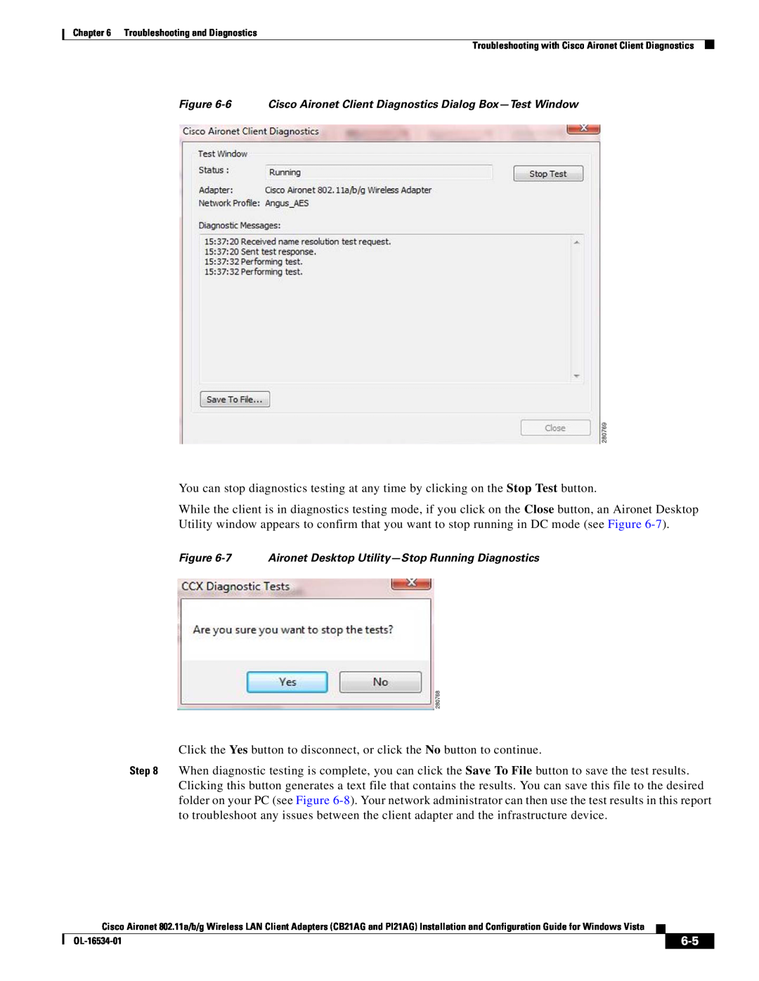 Cisco Systems CB21AG, PI21AG manual 6 Cisco Aironet Client Diagnostics Dialog Box-Test Window 