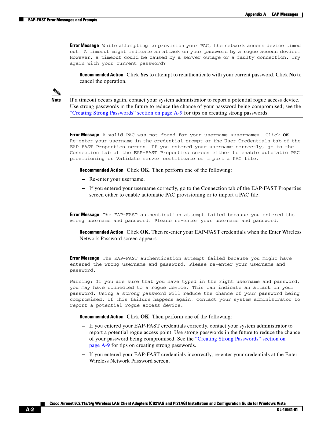 Cisco Systems PI21AG, CB21AG manual Appendix A EAP Messages EAP-FAST Error Messages and Prompts 