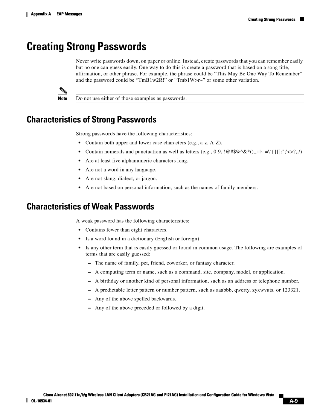 Cisco Systems CB21AG Creating Strong Passwords, Characteristics of Strong Passwords, Characteristics of Weak Passwords 