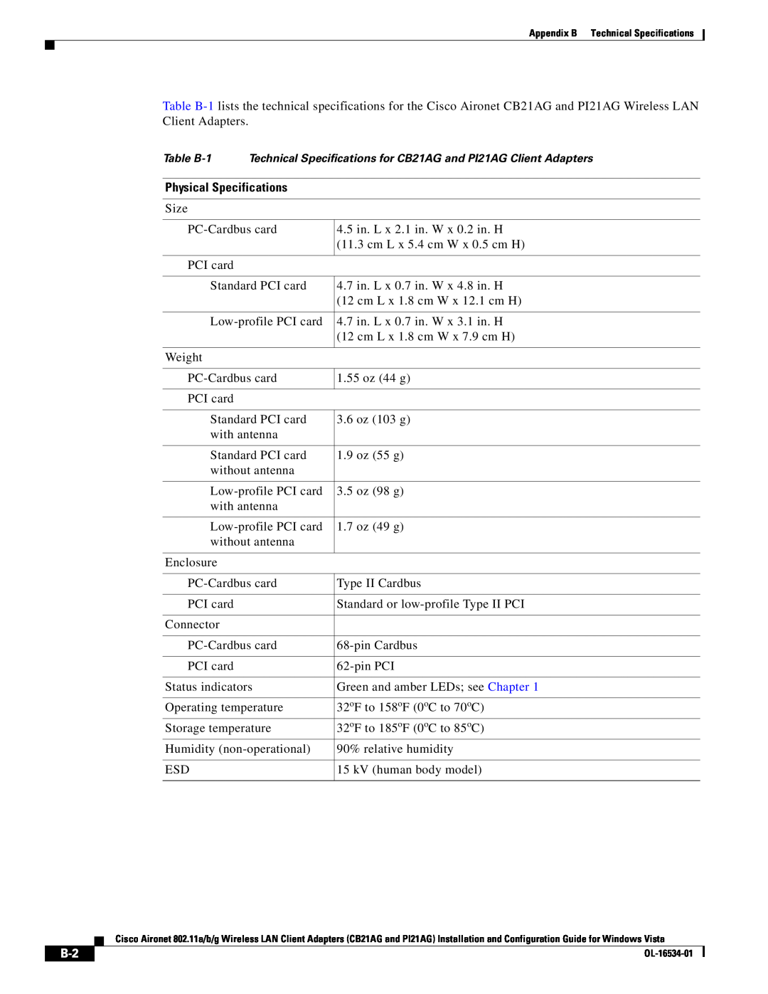 Cisco Systems PI21AG, CB21AG manual Physical Specifications 