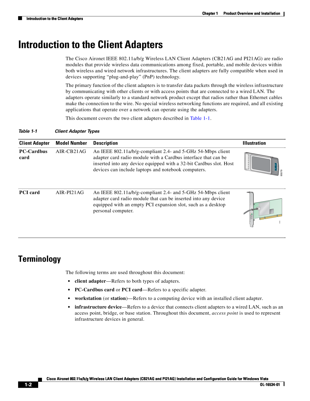 Cisco Systems PI21AG, CB21AG manual Introduction to the Client Adapters, Terminology, PC-Cardbus, PCI card 