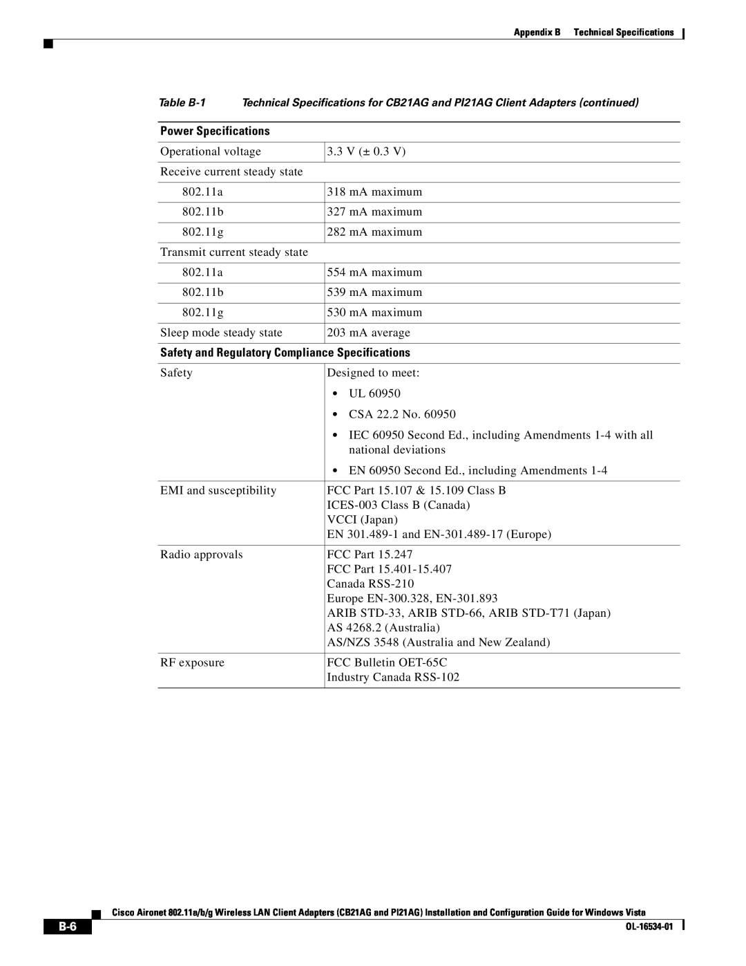 Cisco Systems PI21AG, CB21AG manual Power Specifications, Safety and Regulatory Compliance Specifications 