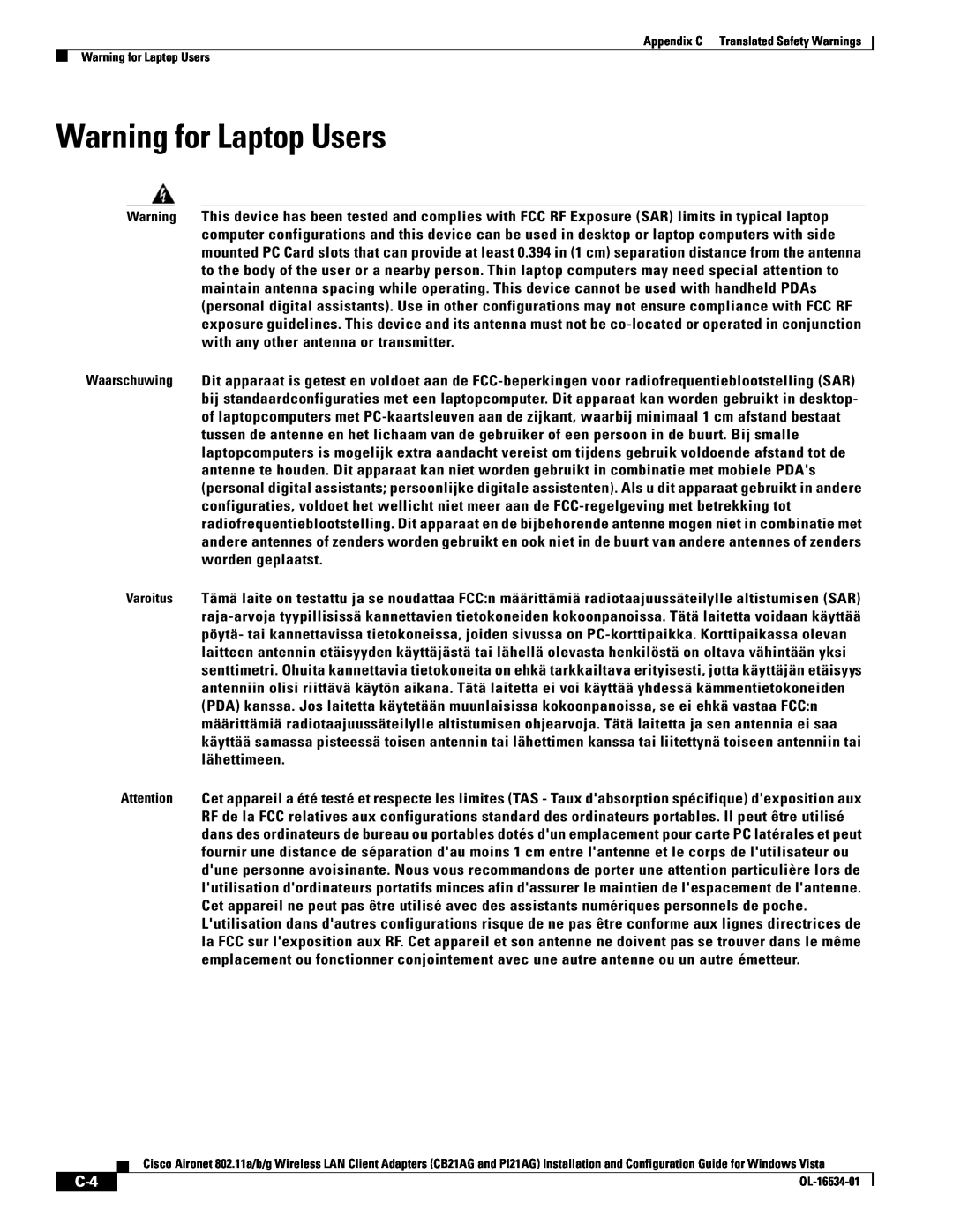 Cisco Systems PI21AG, CB21AG manual Warning for Laptop Users 