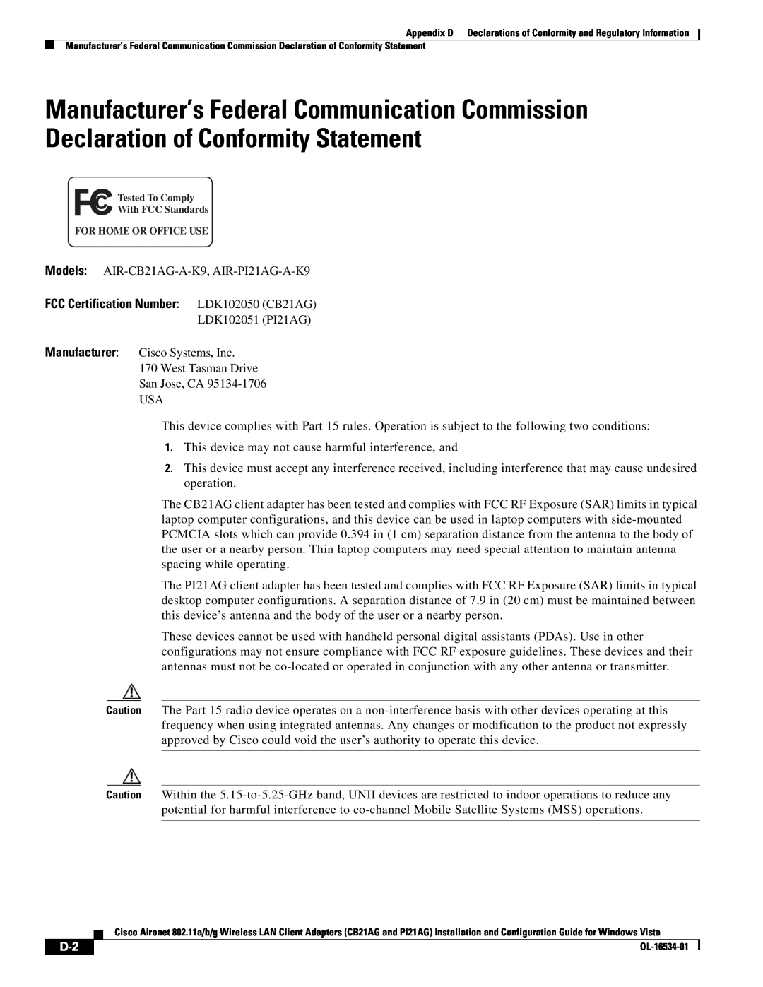 Cisco Systems PI21AG manual FCC Certification Number LDK102050 CB21AG 