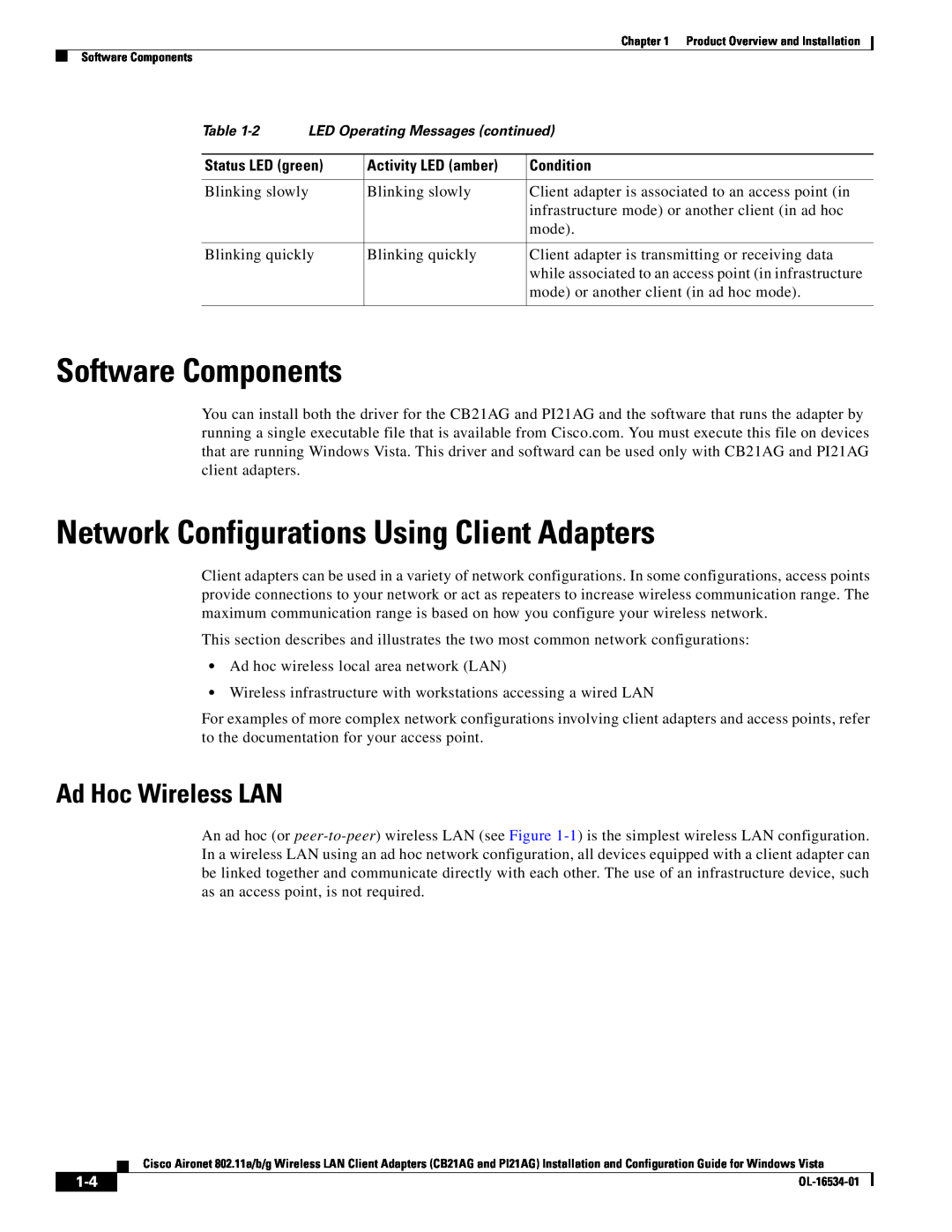 Cisco Systems PI21AG, CB21AG manual Software Components, Network Configurations Using Client Adapters, Ad Hoc Wireless LAN 