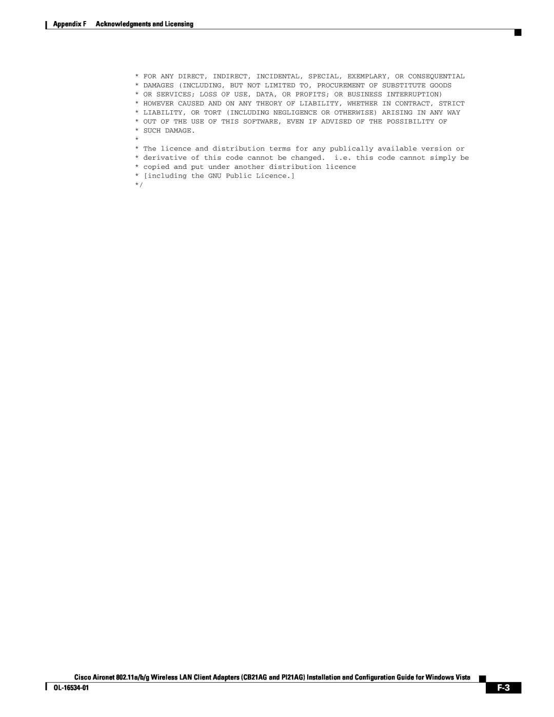 Cisco Systems CB21AG, PI21AG manual Appendix F Acknowledgments and Licensing, OL-16534-01 