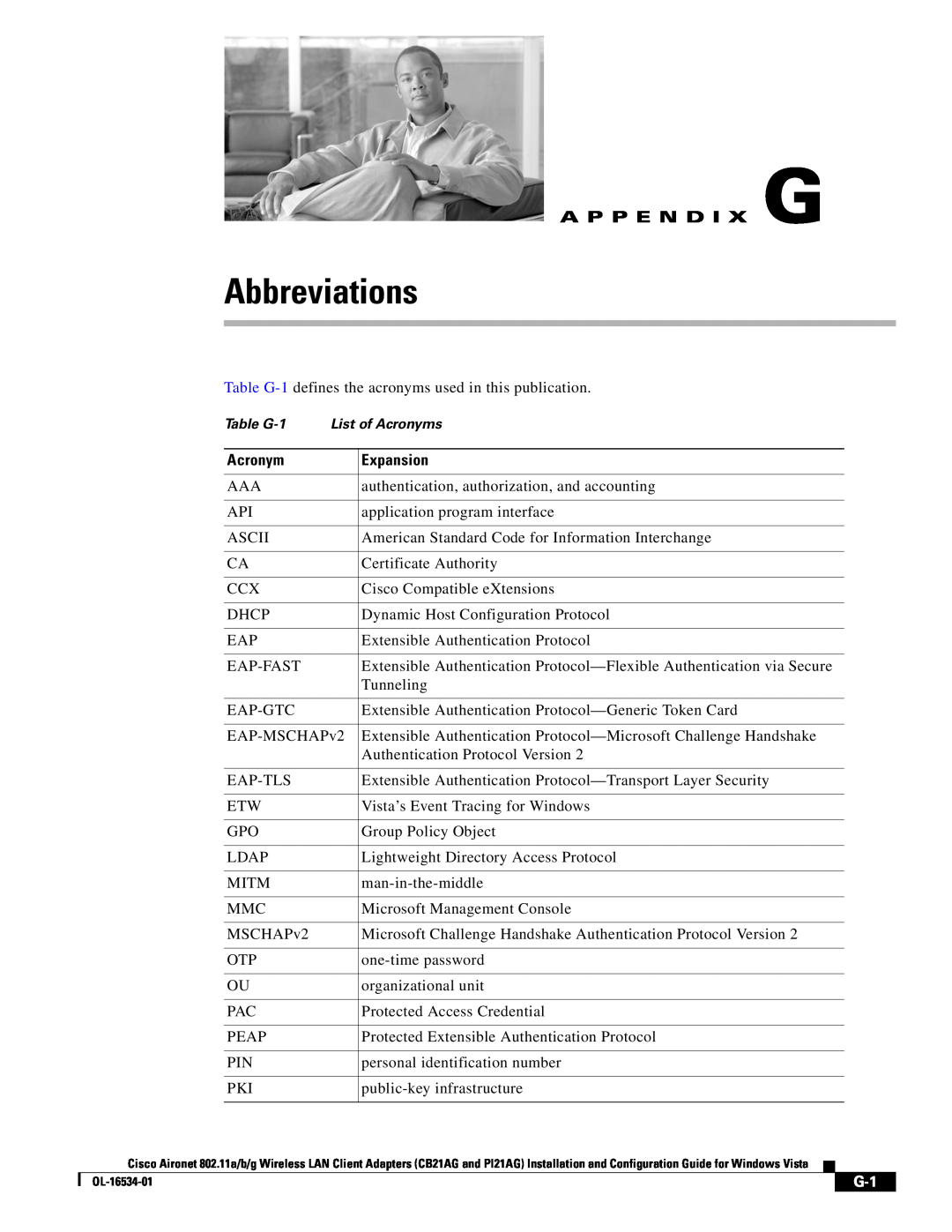 Cisco Systems CB21AG, PI21AG manual Abbreviations, A P P E N D I X G 