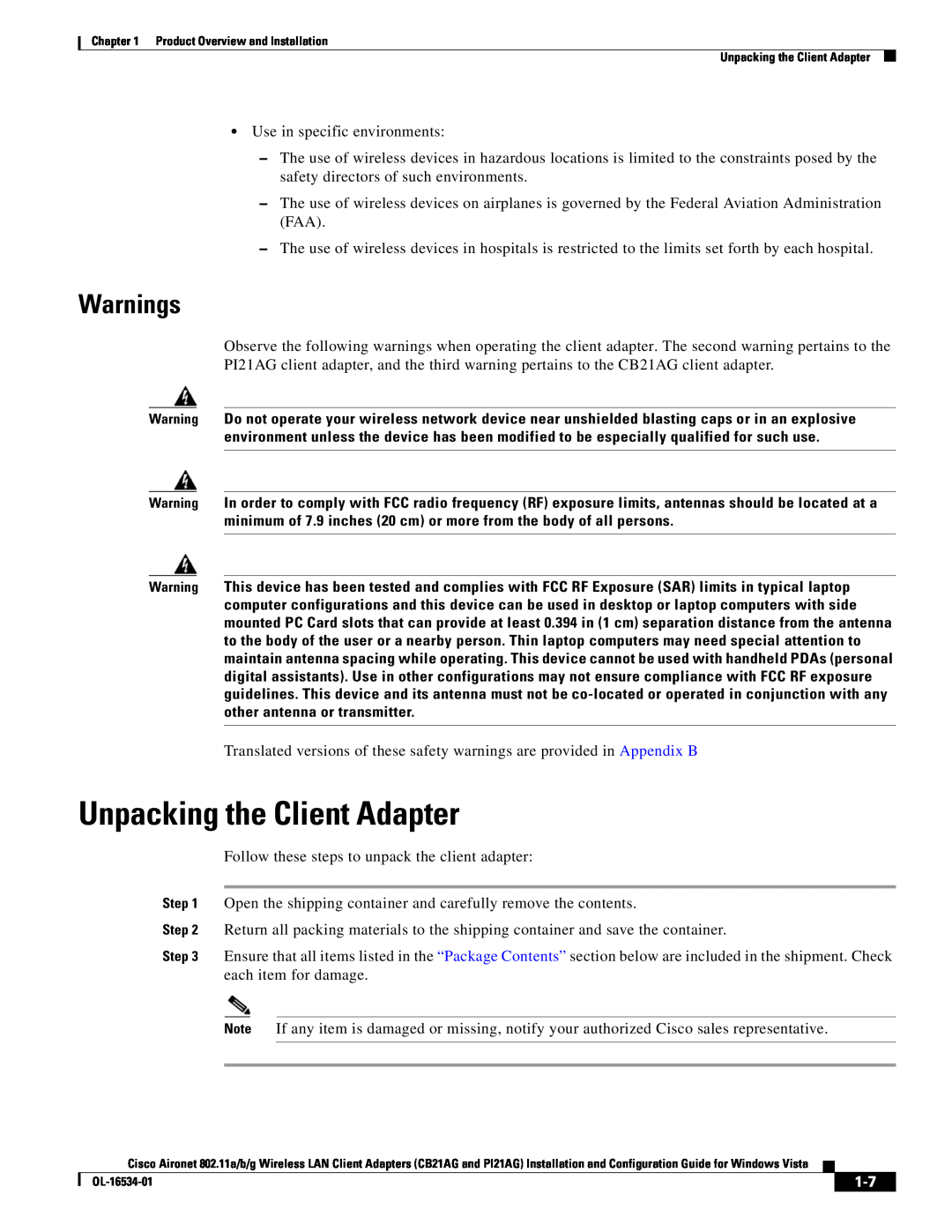 Cisco Systems CB21AG, PI21AG manual Unpacking the Client Adapter, Warnings 