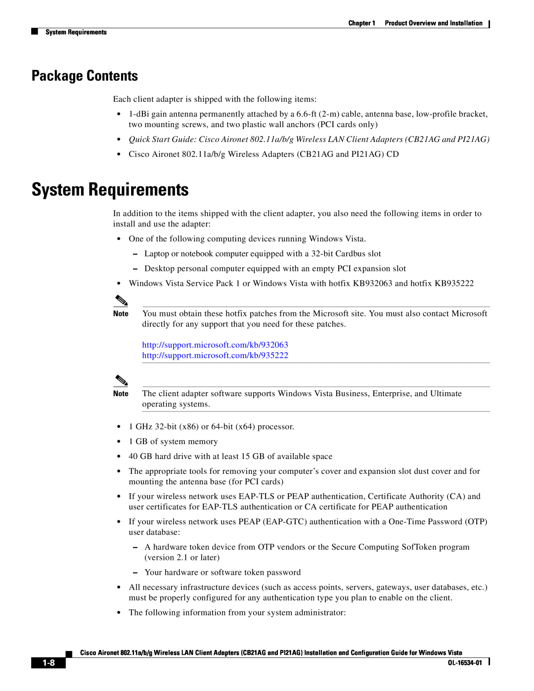 Cisco Systems PI21AG, CB21AG manual System Requirements, Package Contents, http//support.microsoft.com/kb/932063 