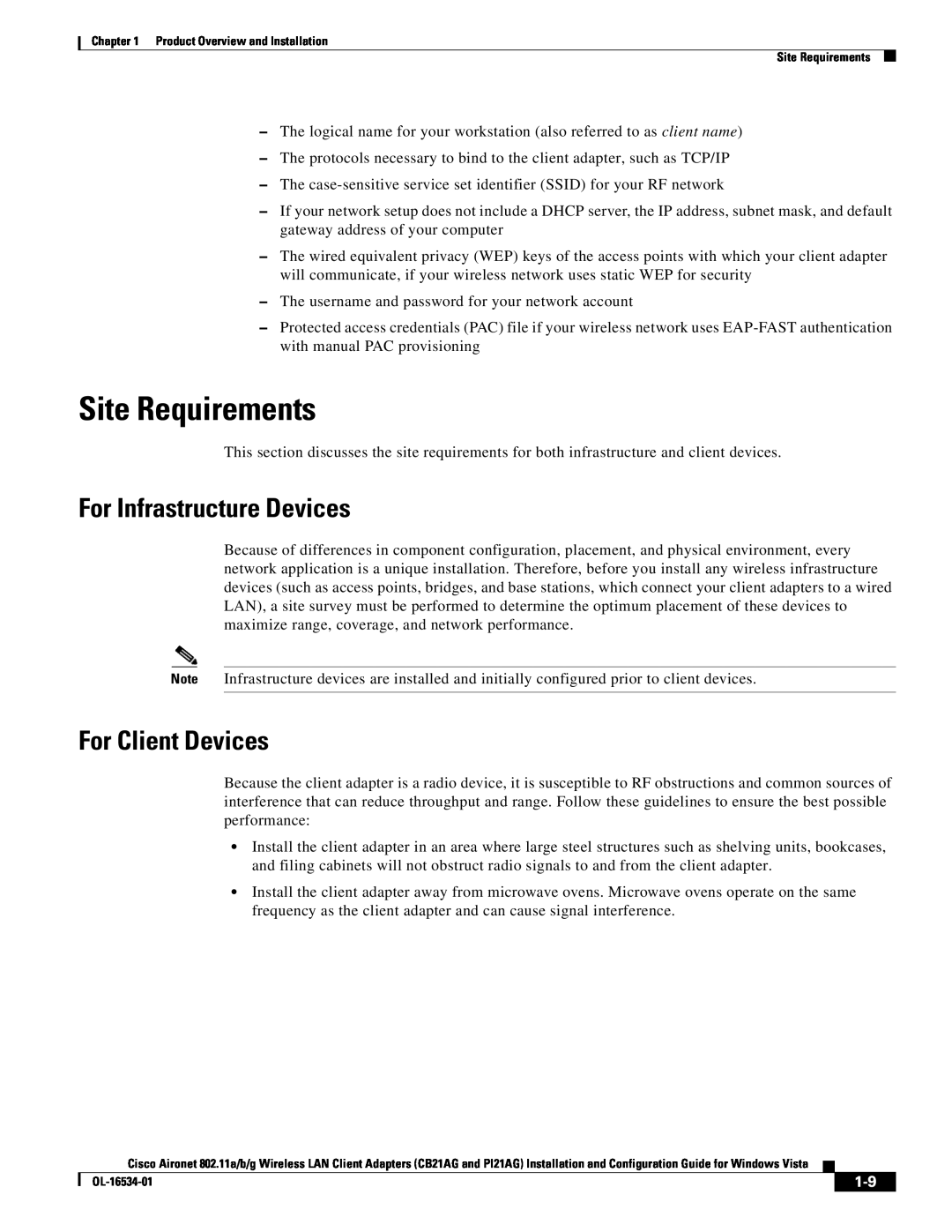 Cisco Systems CB21AG, PI21AG manual Site Requirements, For Infrastructure Devices, For Client Devices 