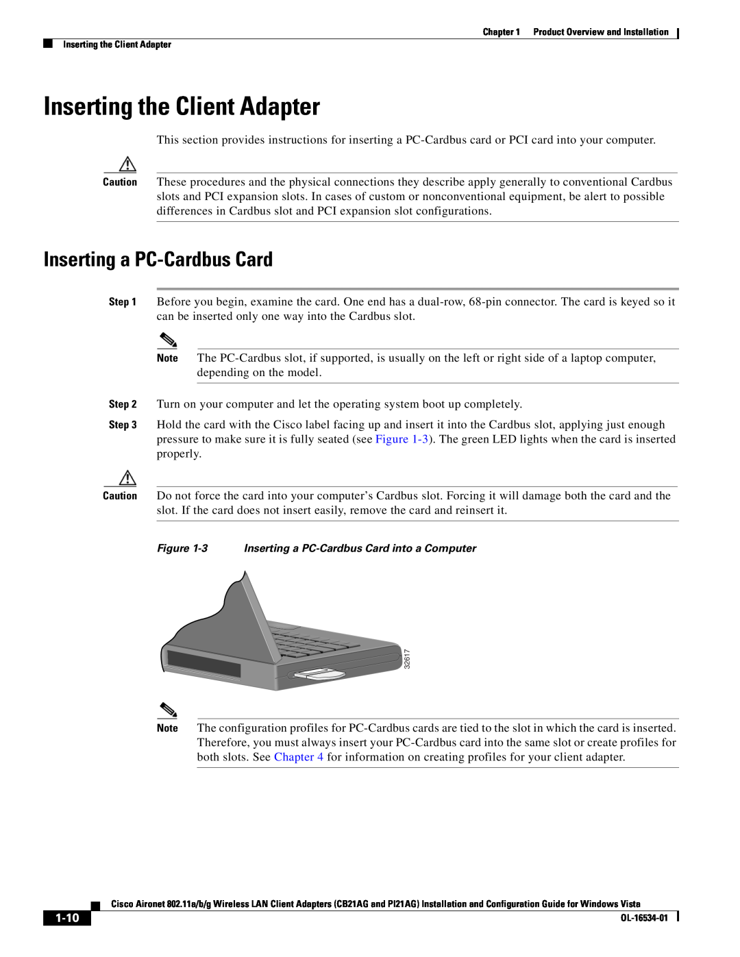 Cisco Systems PI21AG, CB21AG manual Inserting the Client Adapter, Inserting a PC-Cardbus Card, 1-10 