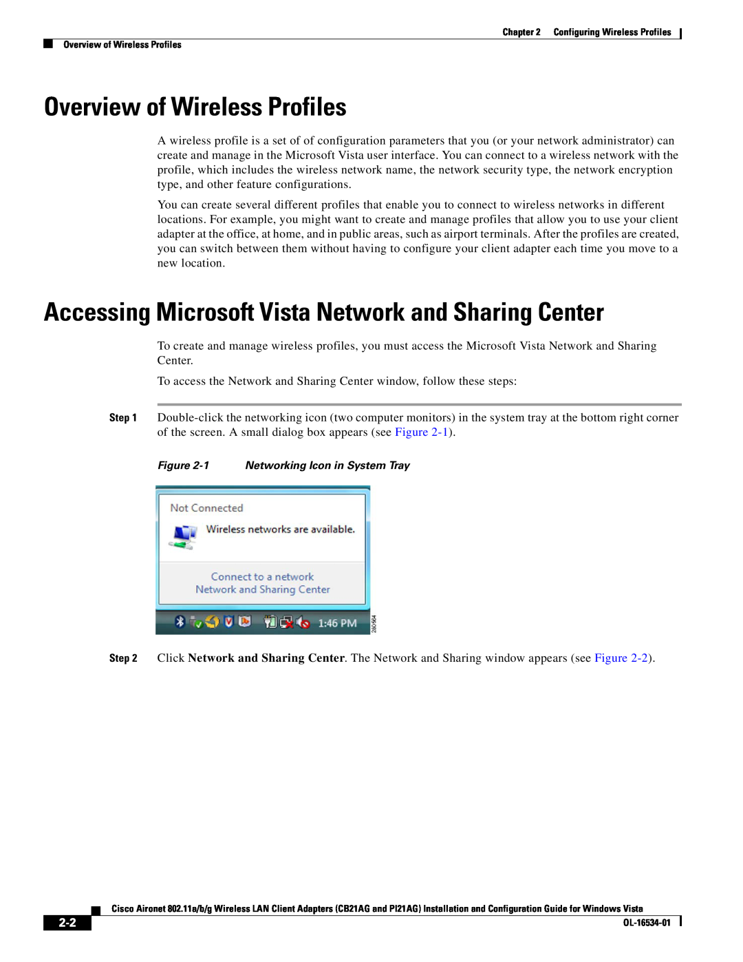 Cisco Systems PI21AG, CB21AG manual Overview of Wireless Profiles, Accessing Microsoft Vista Network and Sharing Center 