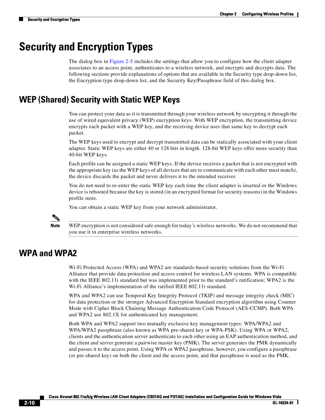 Cisco Systems PI21AG, CB21AG Security and Encryption Types, WEP Shared Security with Static WEP Keys, WPA and WPA2, 2-10 
