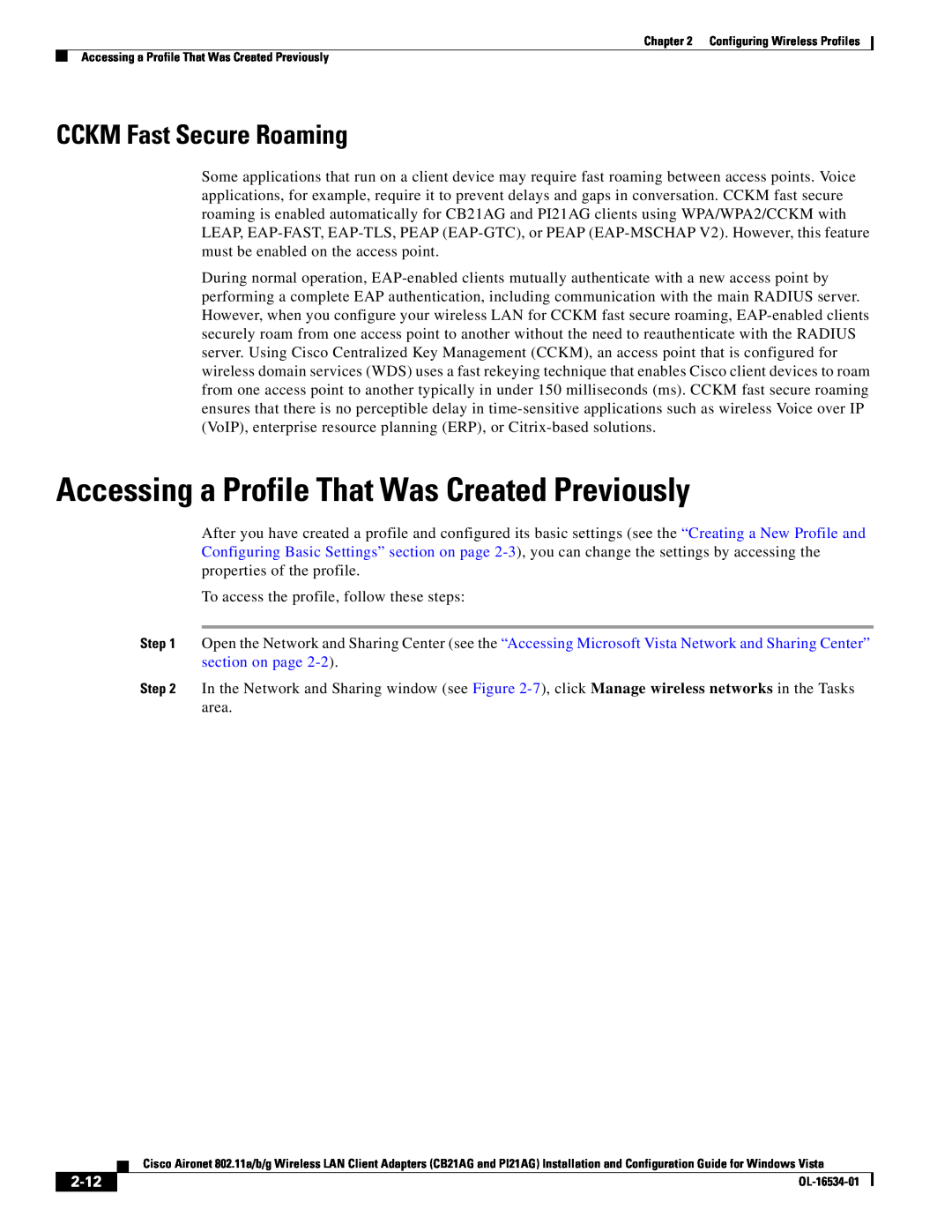 Cisco Systems PI21AG, CB21AG manual Accessing a Profile That Was Created Previously, CCKM Fast Secure Roaming, 2-12 
