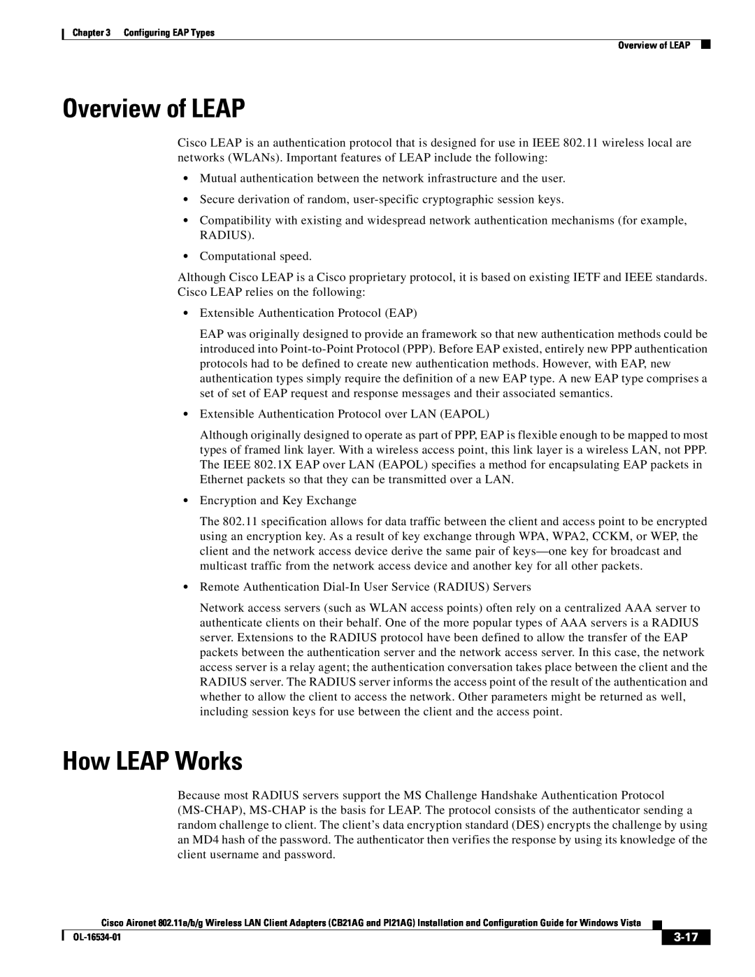 Cisco Systems CB21AG, PI21AG manual Overview of LEAP, How LEAP Works, 3-17 