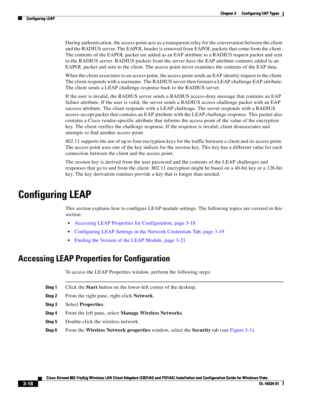 Cisco Systems PI21AG, CB21AG manual Configuring LEAP, Accessing LEAP Properties for Configuration, 3-18, Select Properties 