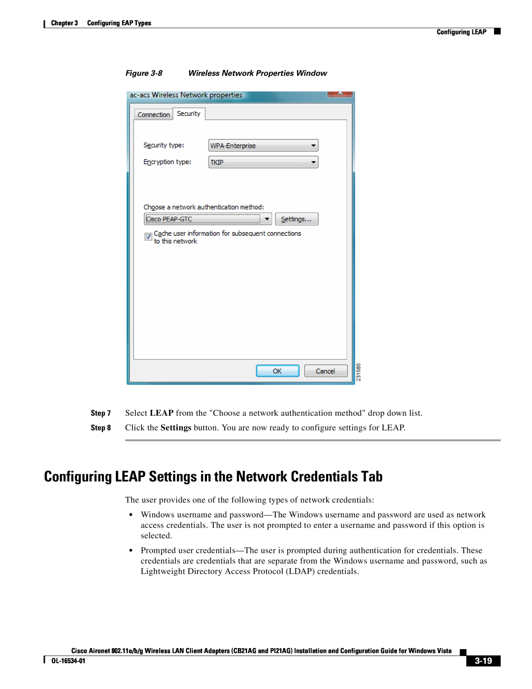 Cisco Systems CB21AG Configuring LEAP Settings in the Network Credentials Tab, 3-19, 8 Wireless Network Properties Window 