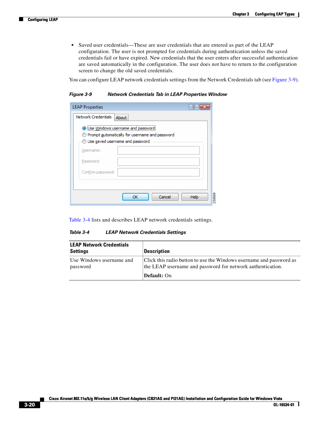 Cisco Systems PI21AG, CB21AG manual 3-20, LEAP Network Credentials, Settings, Description, Default On 