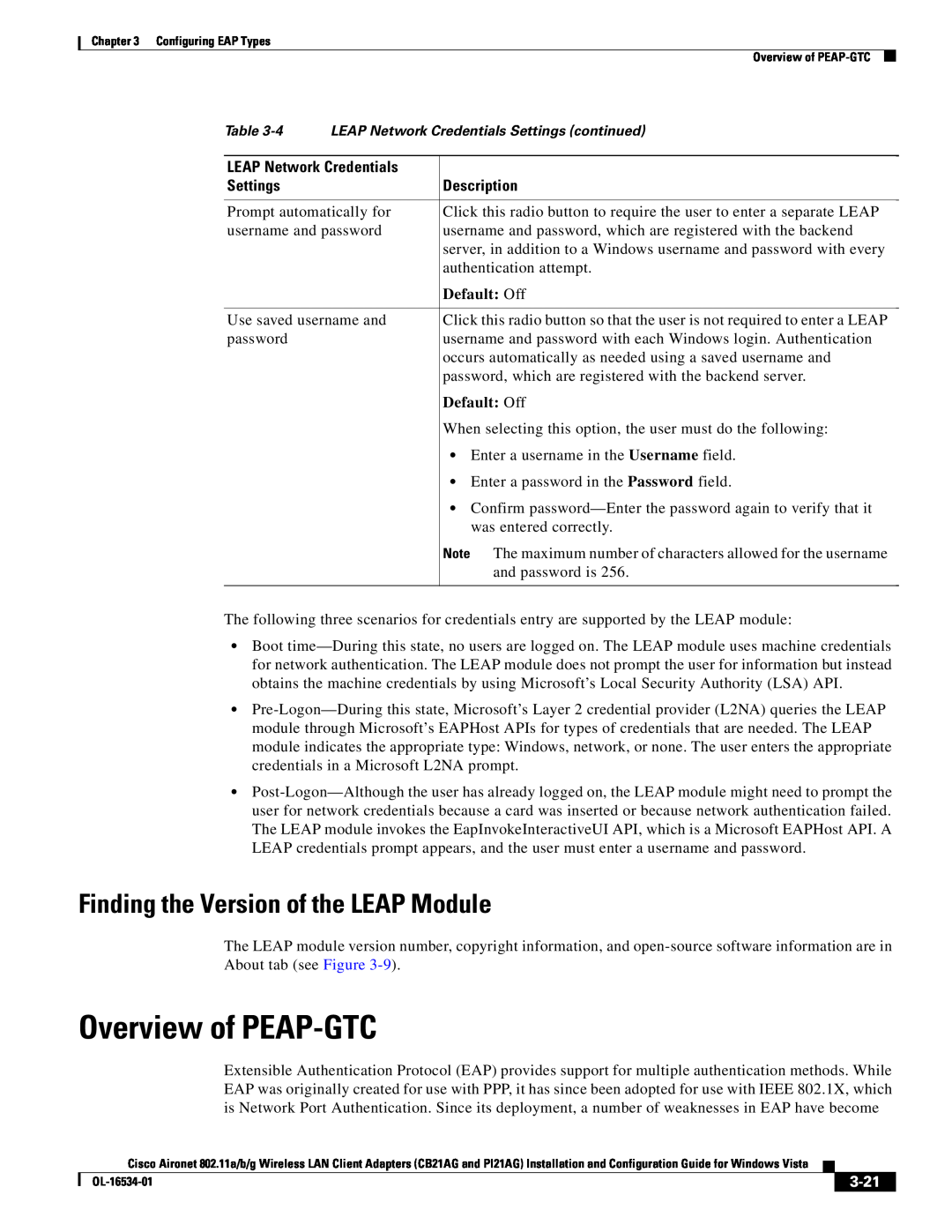 Cisco Systems CB21AG, PI21AG manual Overview of PEAP-GTC, Finding the Version of the LEAP Module, 3-21, Default Off 