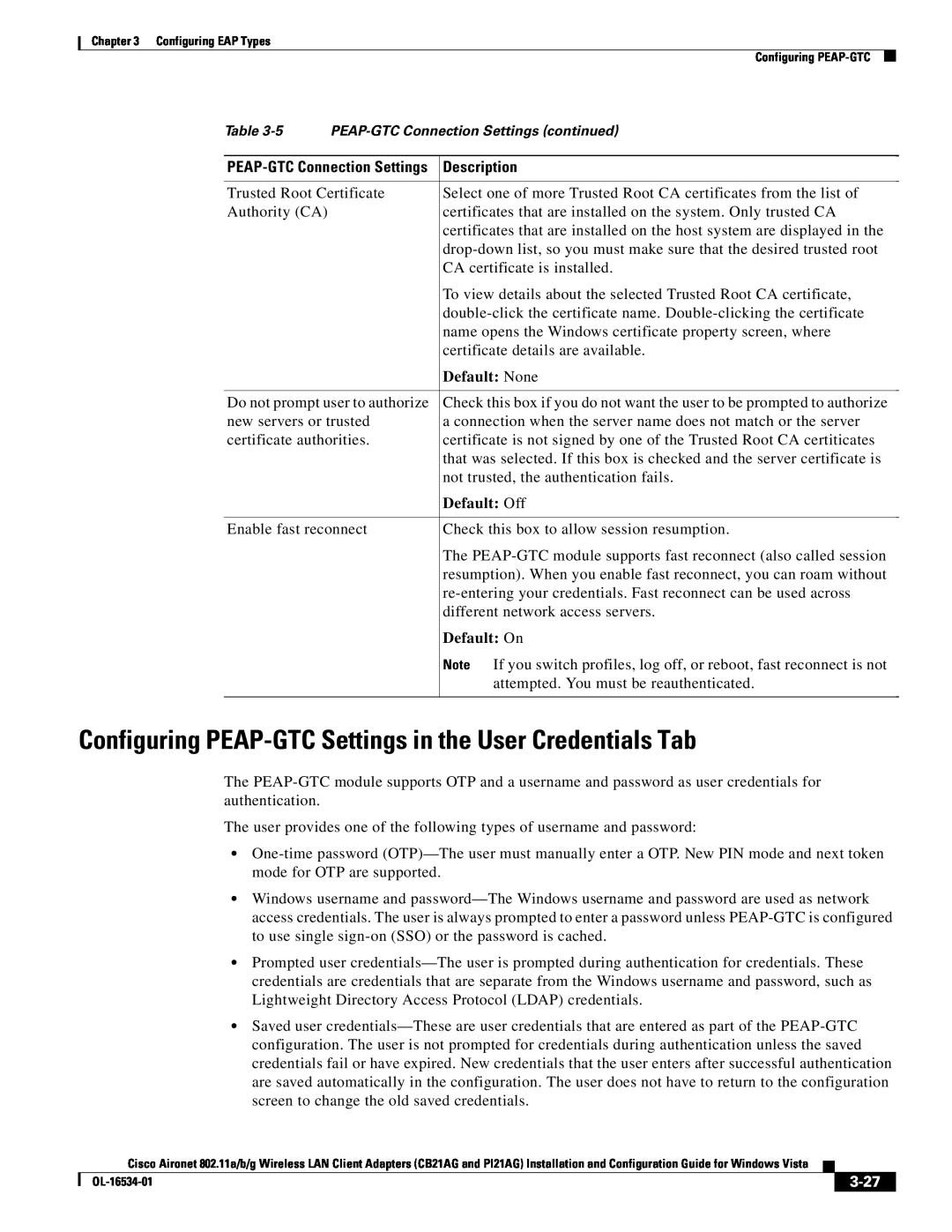 Cisco Systems CB21AG, PI21AG Configuring PEAP-GTC Settings in the User Credentials Tab, 3-27, Default None, Default Off 