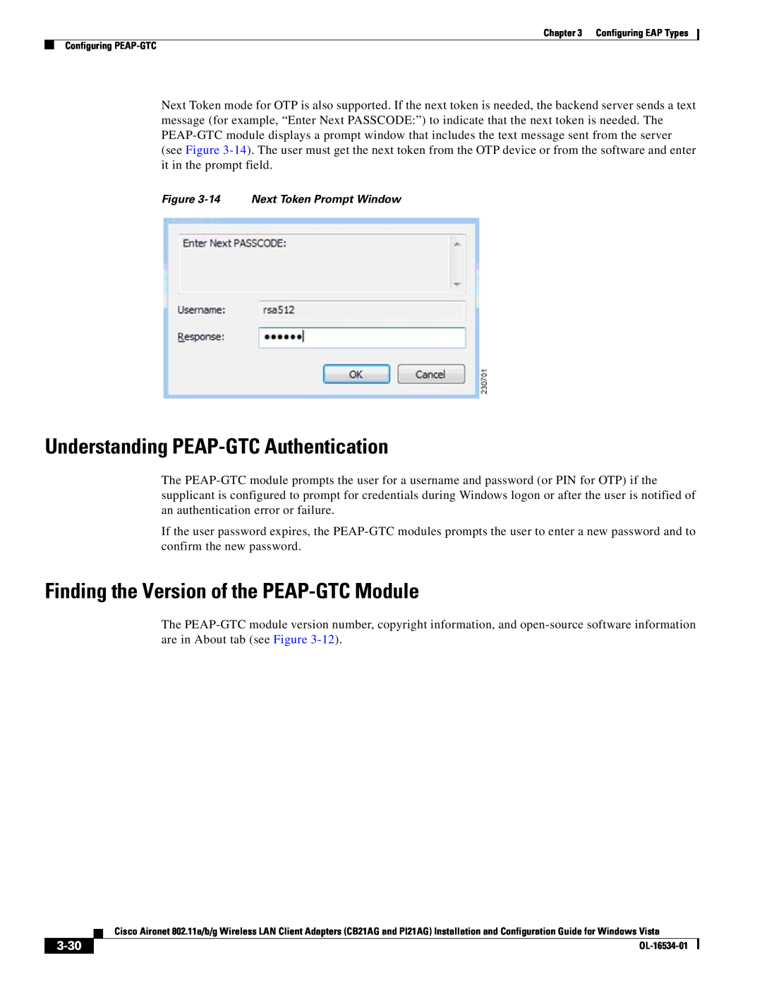 Cisco Systems PI21AG, CB21AG manual Understanding PEAP-GTC Authentication, Finding the Version of the PEAP-GTC Module, 3-30 