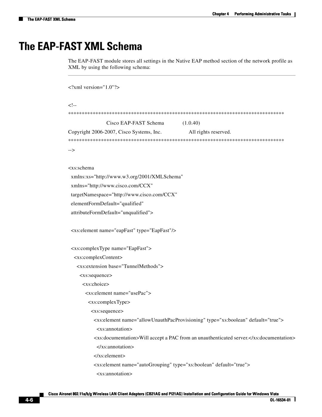 Cisco Systems PI21AG, CB21AG manual The EAP-FAST XML Schema 