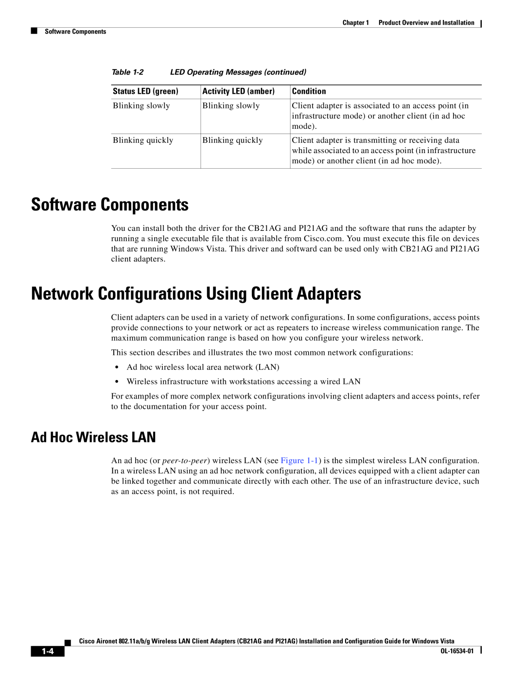 Cisco Systems PI21AG Software Components, Network Configurations Using Client Adapters, Ad Hoc Wireless LAN, Condition 