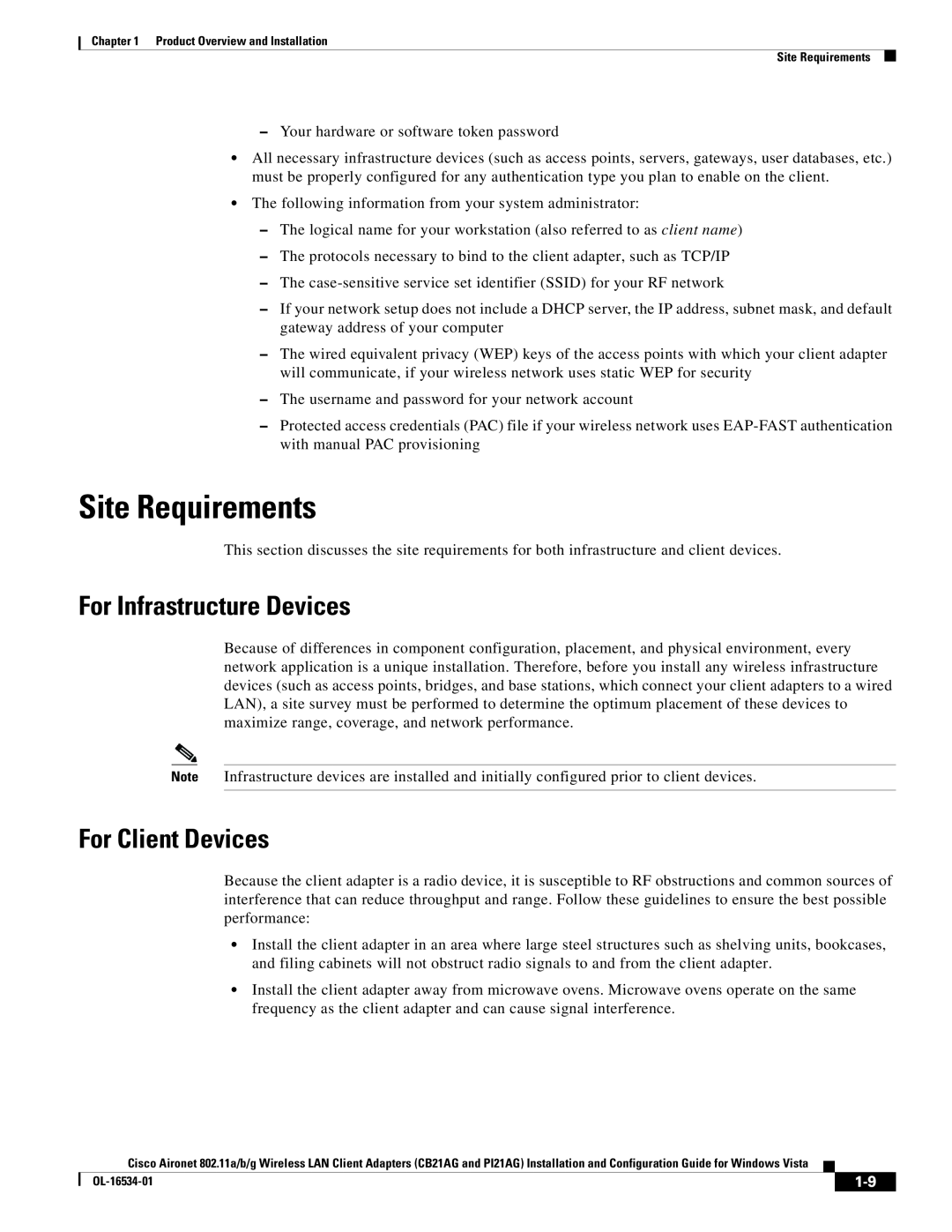 Cisco Systems CB21AG, PI21AG manual Site Requirements, For Infrastructure Devices, For Client Devices 