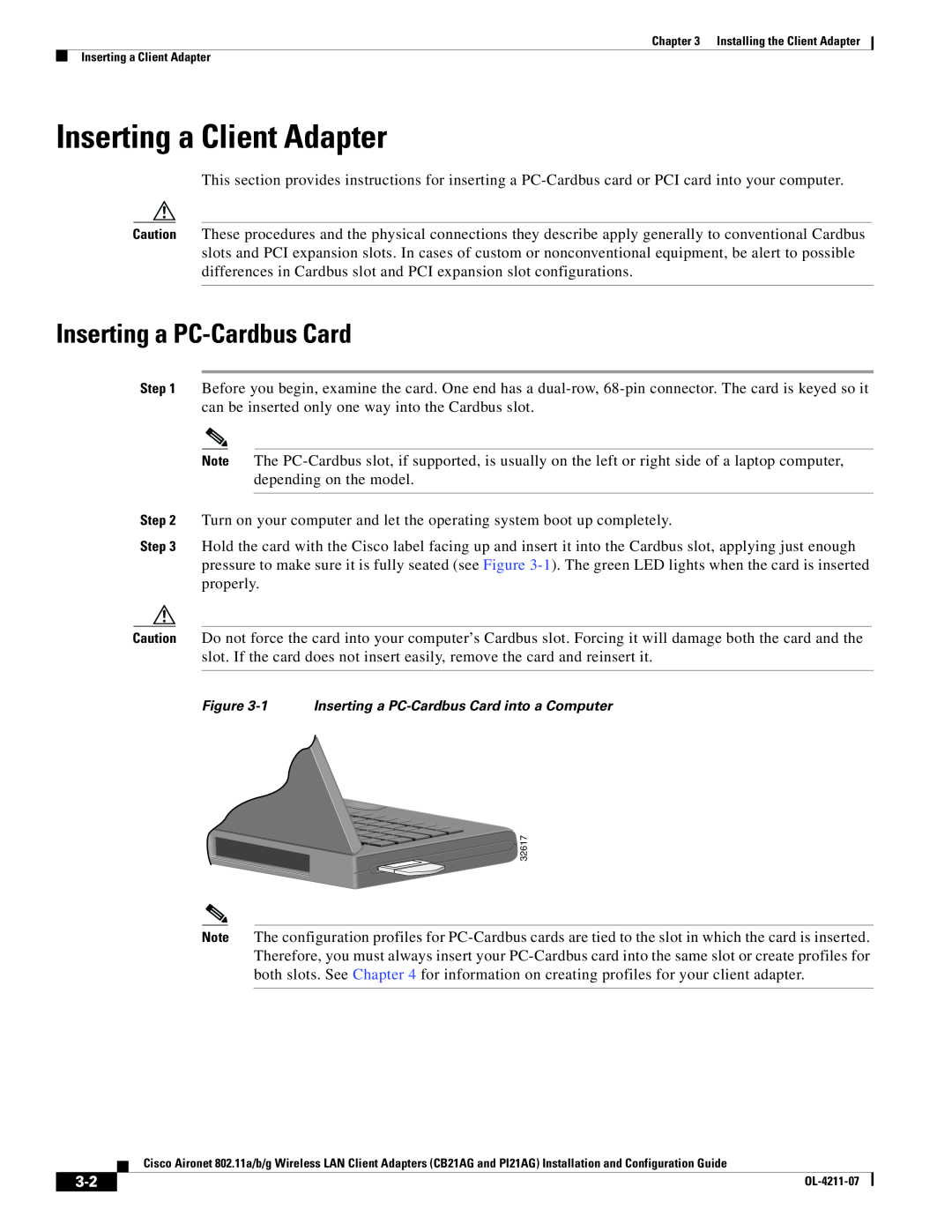 Cisco Systems PI21AG, CB21AG manual Inserting a Client Adapter, Inserting a PC-Cardbus Card 