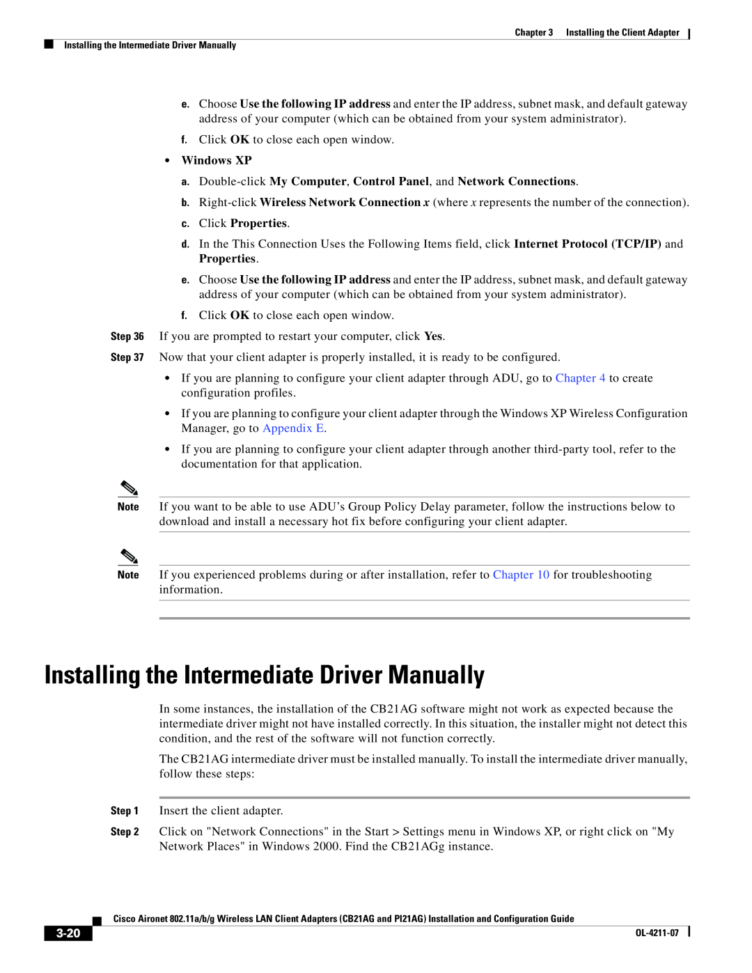 Cisco Systems PI21AG, CB21AG manual Installing the Intermediate Driver Manually, Windows XP, 3-20, c. Click Properties 