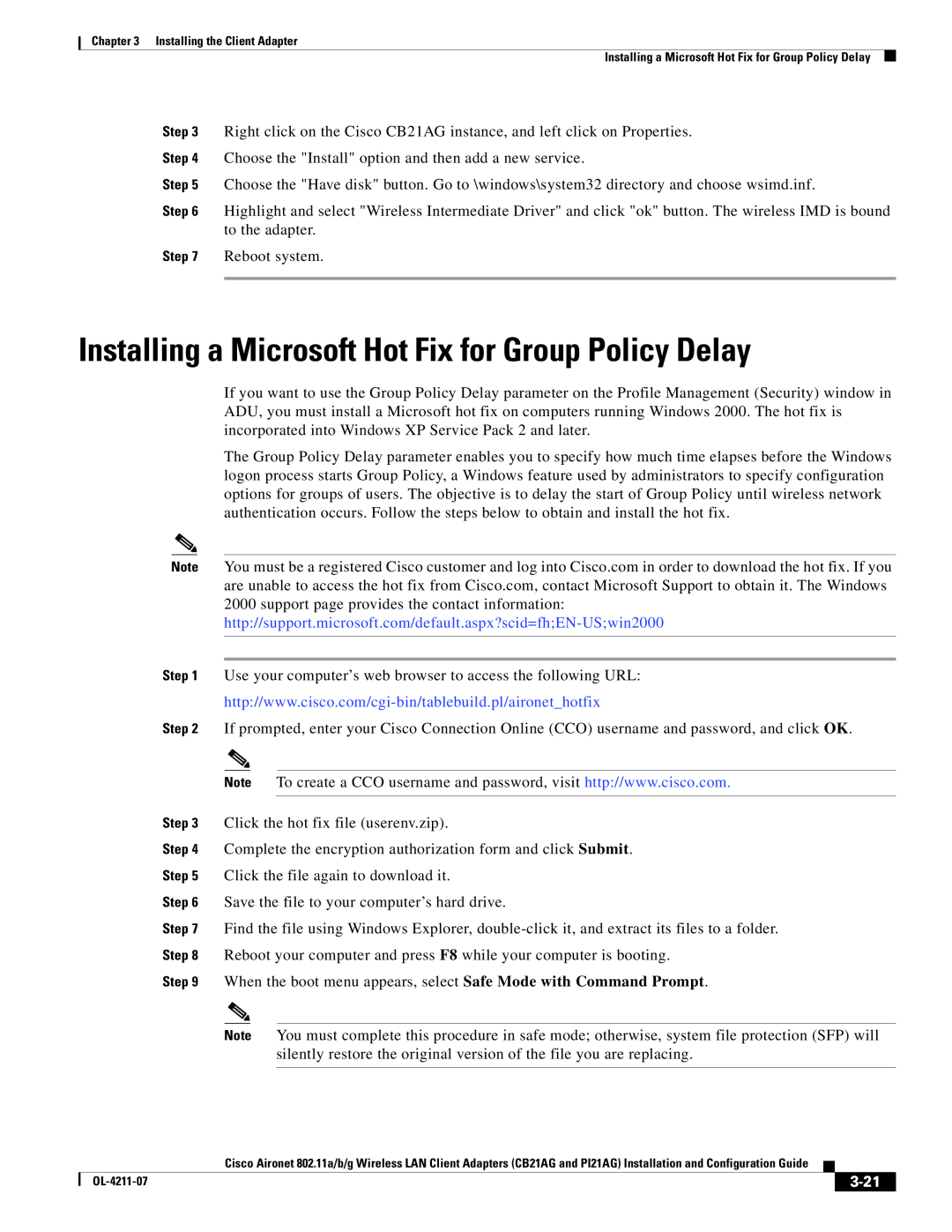 Cisco Systems CB21AG, PI21AG manual Installing a Microsoft Hot Fix for Group Policy Delay, 3-21 