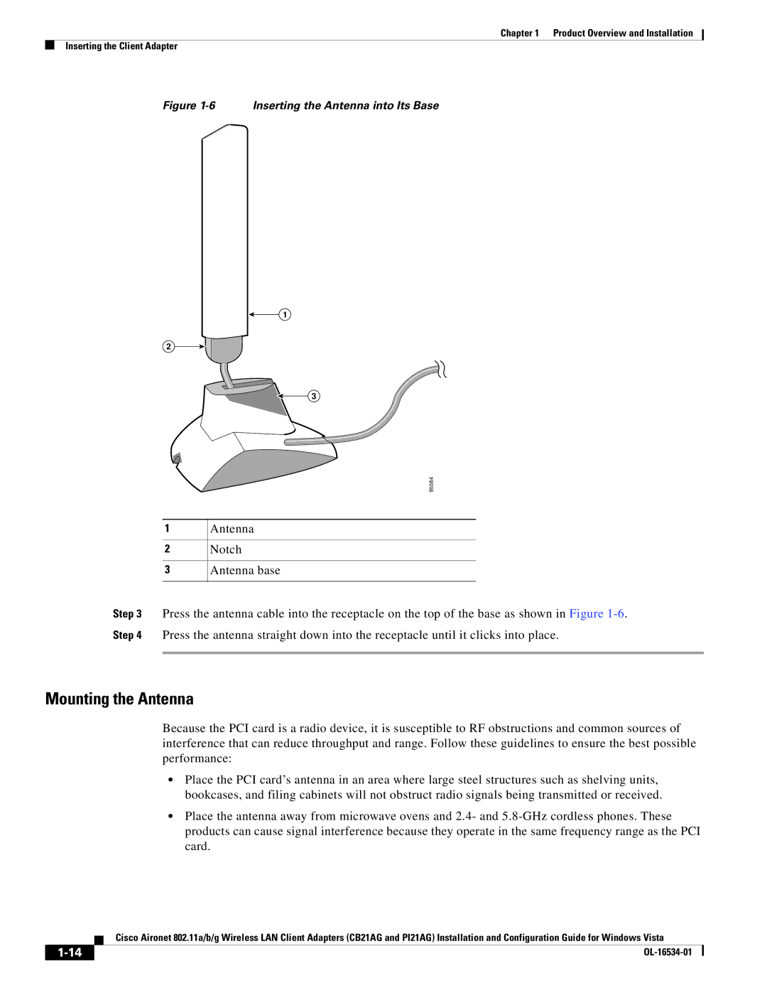 Cisco Systems PI21AG, CB21AG manual Mounting the Antenna, Inserting the Antenna into Its Base 