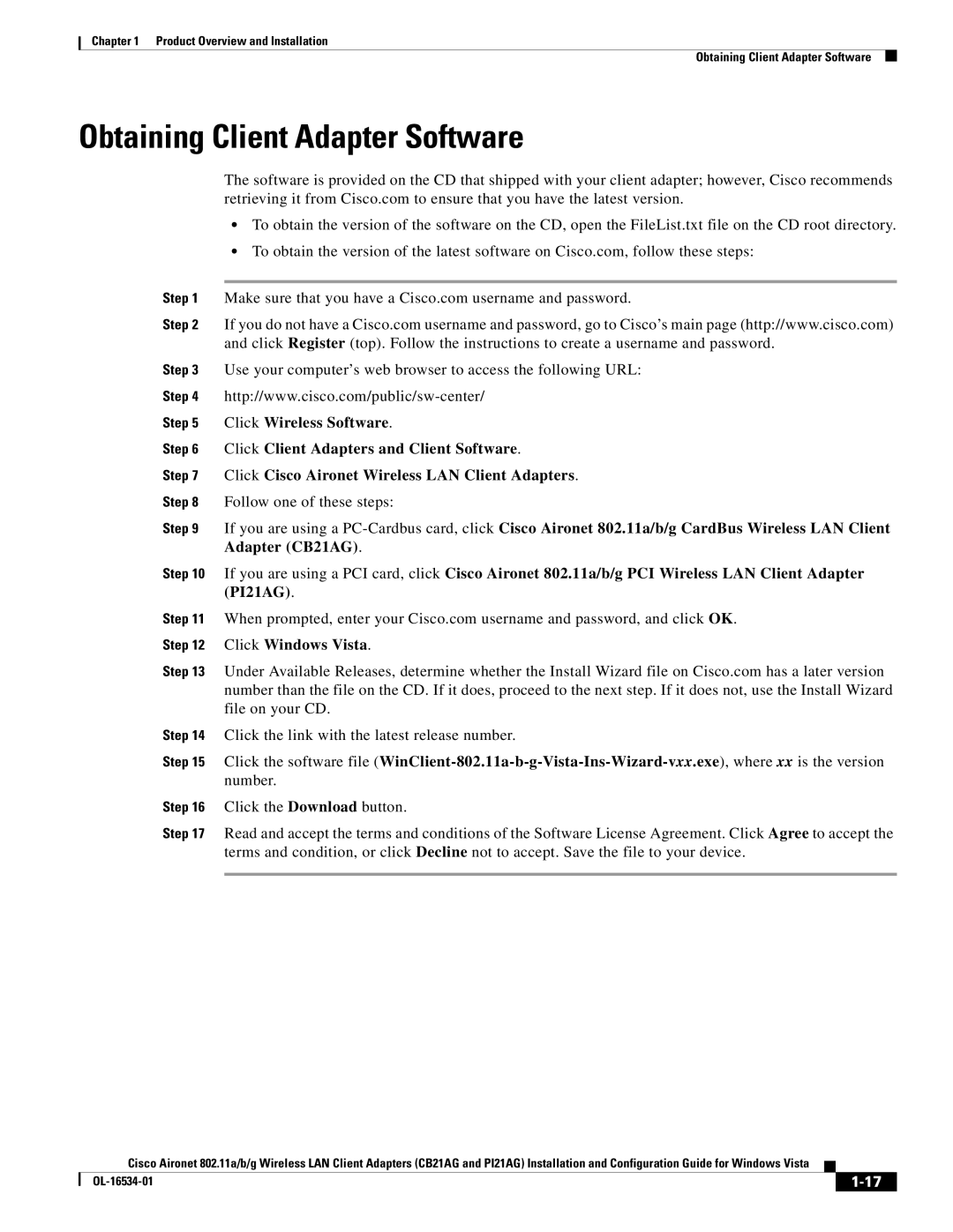 Cisco Systems CB21AG, PI21AG manual Obtaining Client Adapter Software 