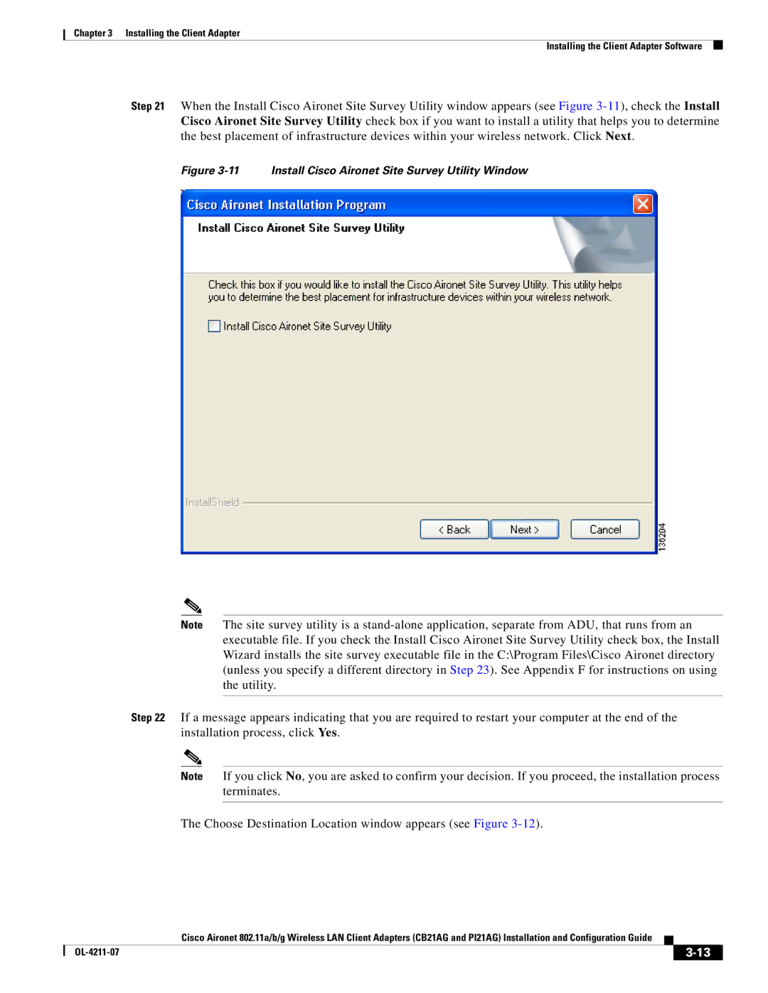 Cisco Systems CB21AG, PI21AG manual Install Cisco Aironet Site Survey Utility Window 