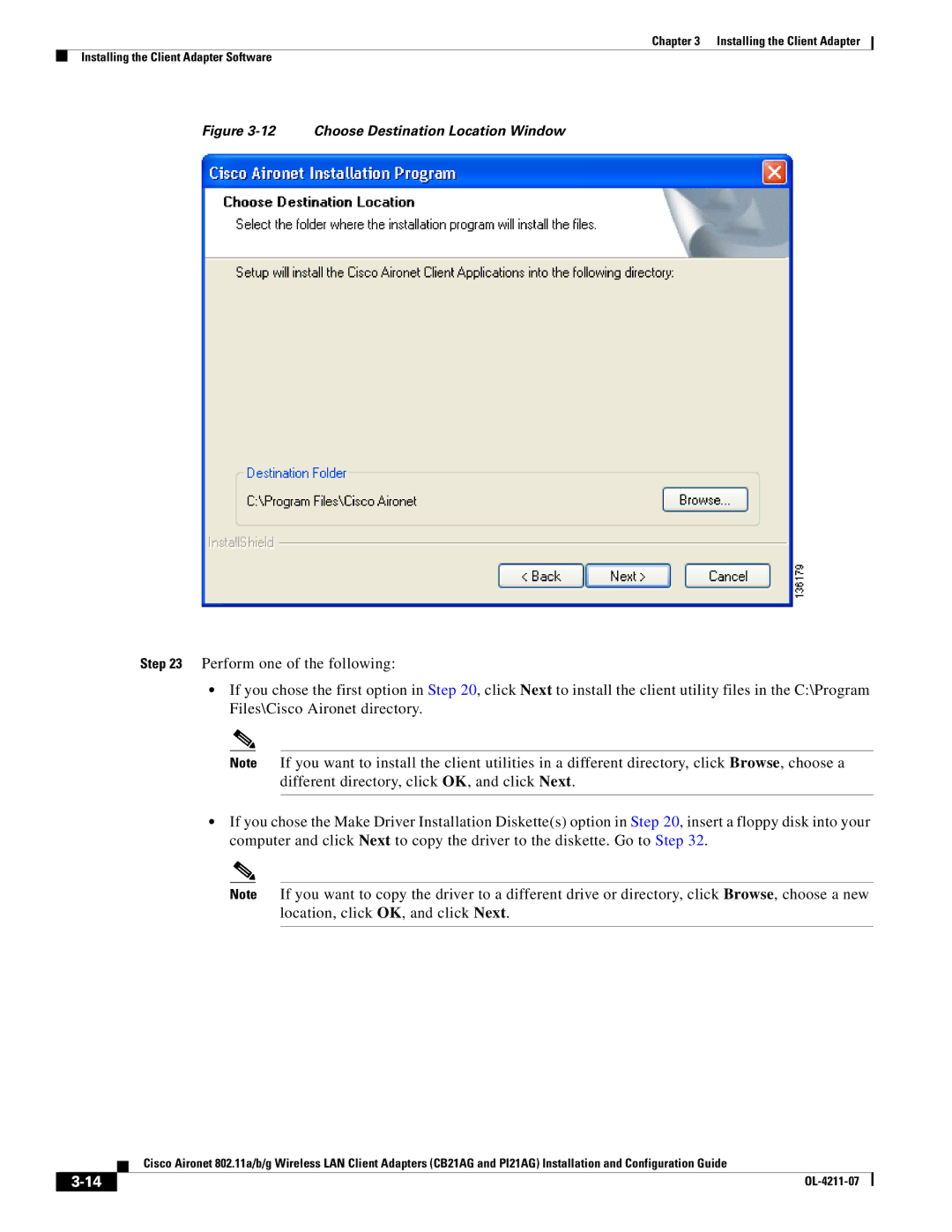 Cisco Systems PI21AG, CB21AG manual Choose Destination Location Window 