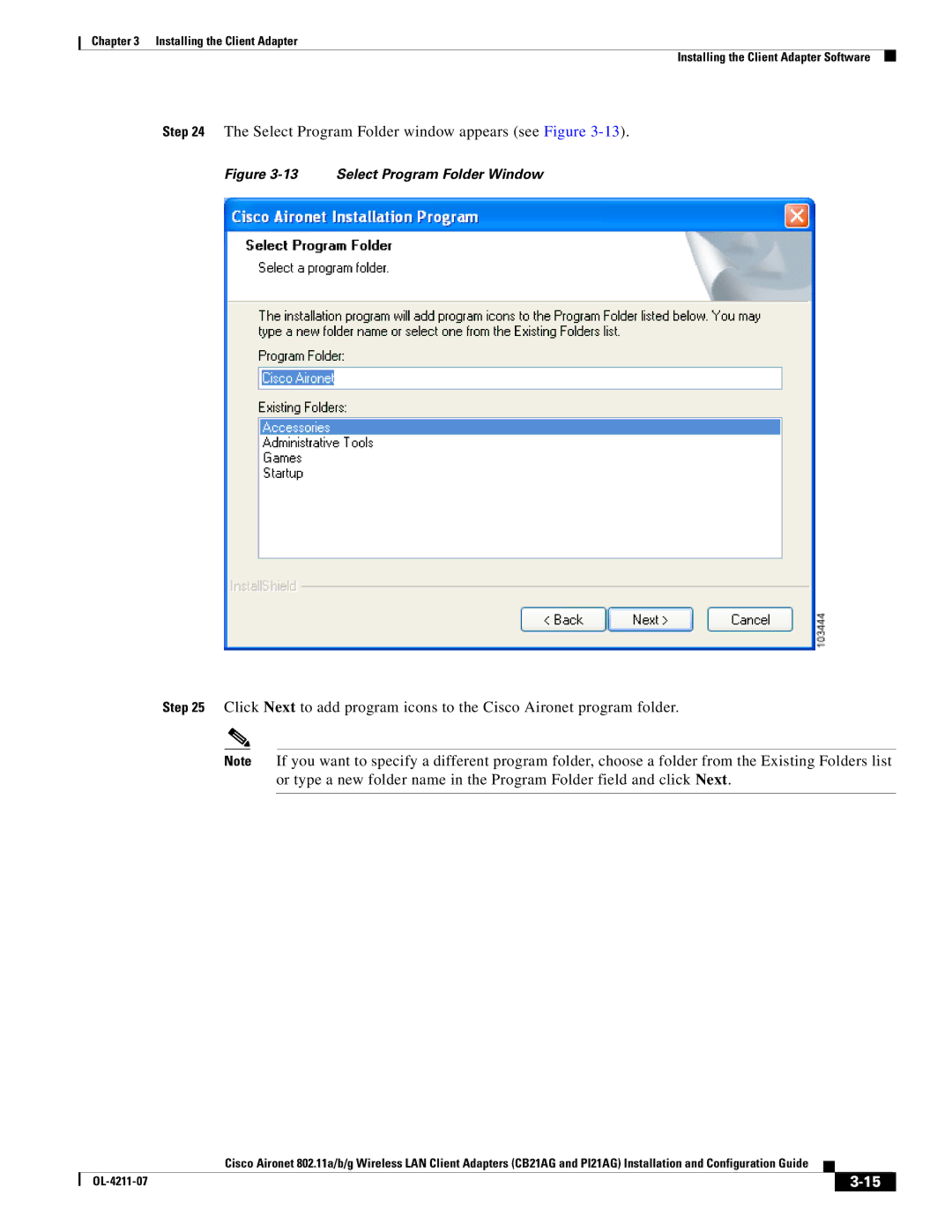 Cisco Systems CB21AG, PI21AG manual Select Program Folder window appears see Figure 