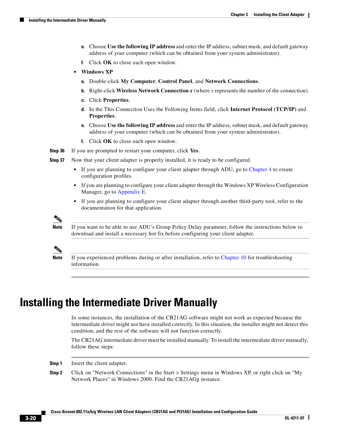 Cisco Systems PI21AG, CB21AG manual Installing the Intermediate Driver Manually 