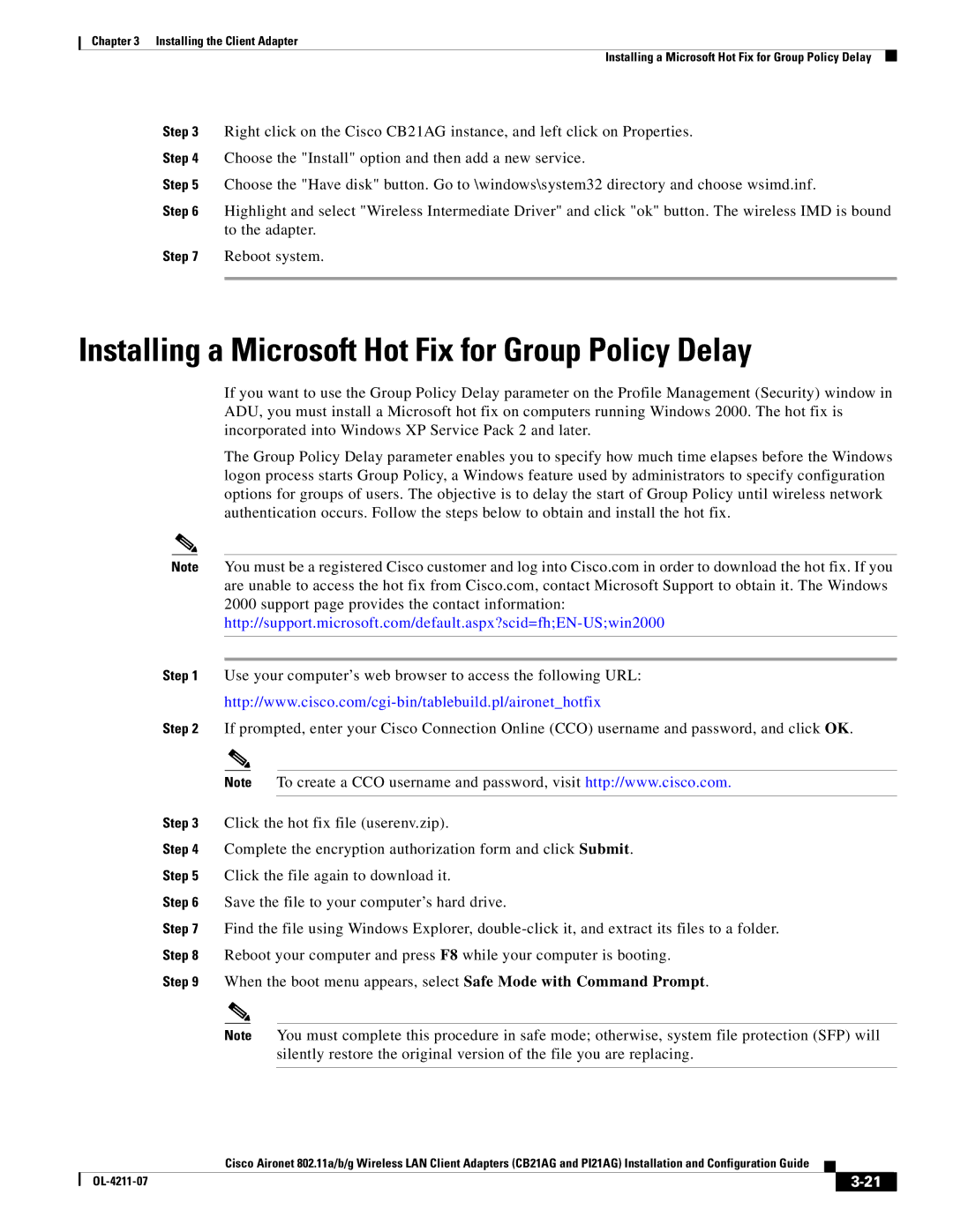 Cisco Systems CB21AG, PI21AG manual Installing a Microsoft Hot Fix for Group Policy Delay 