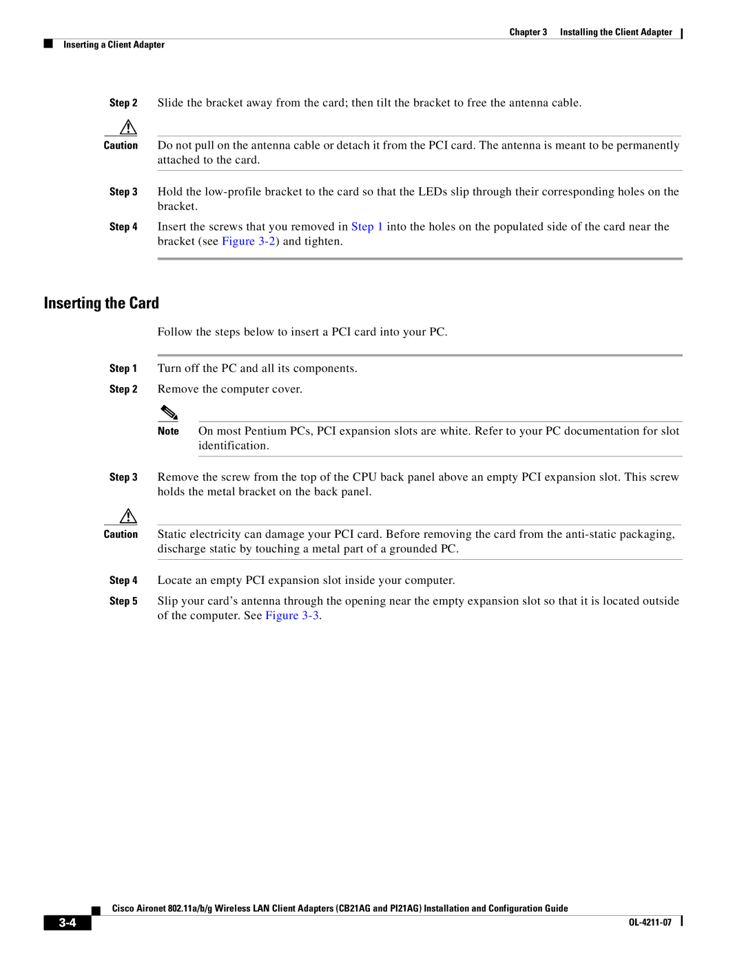 Cisco Systems PI21AG, CB21AG manual Inserting the Card 