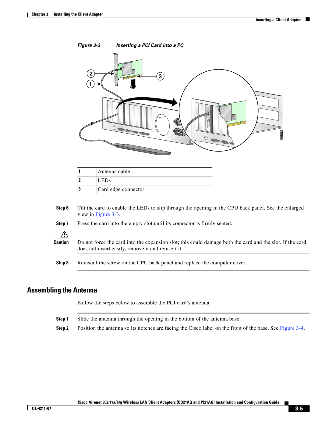 Cisco Systems CB21AG, PI21AG manual Assembling the Antenna, Inserting a PCI Card into a PC 