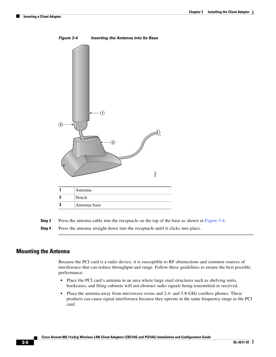 Cisco Systems PI21AG, CB21AG manual Mounting the Antenna, Inserting the Antenna into Its Base 