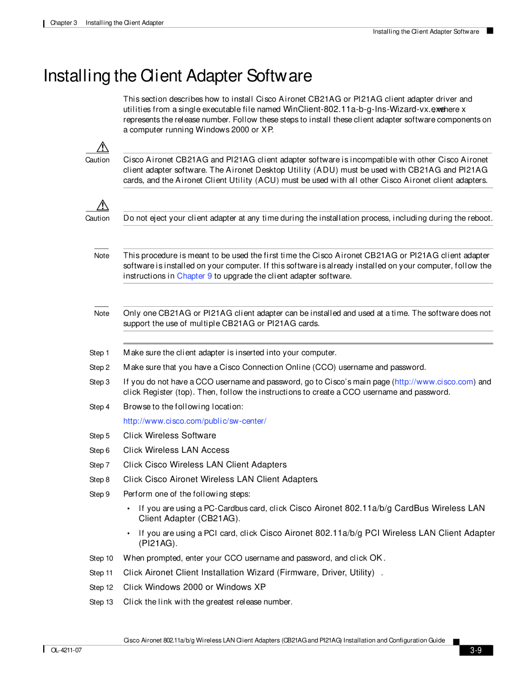 Cisco Systems CB21AG, PI21AG manual Installing the Client Adapter Software, Click the link with the greatest release number 