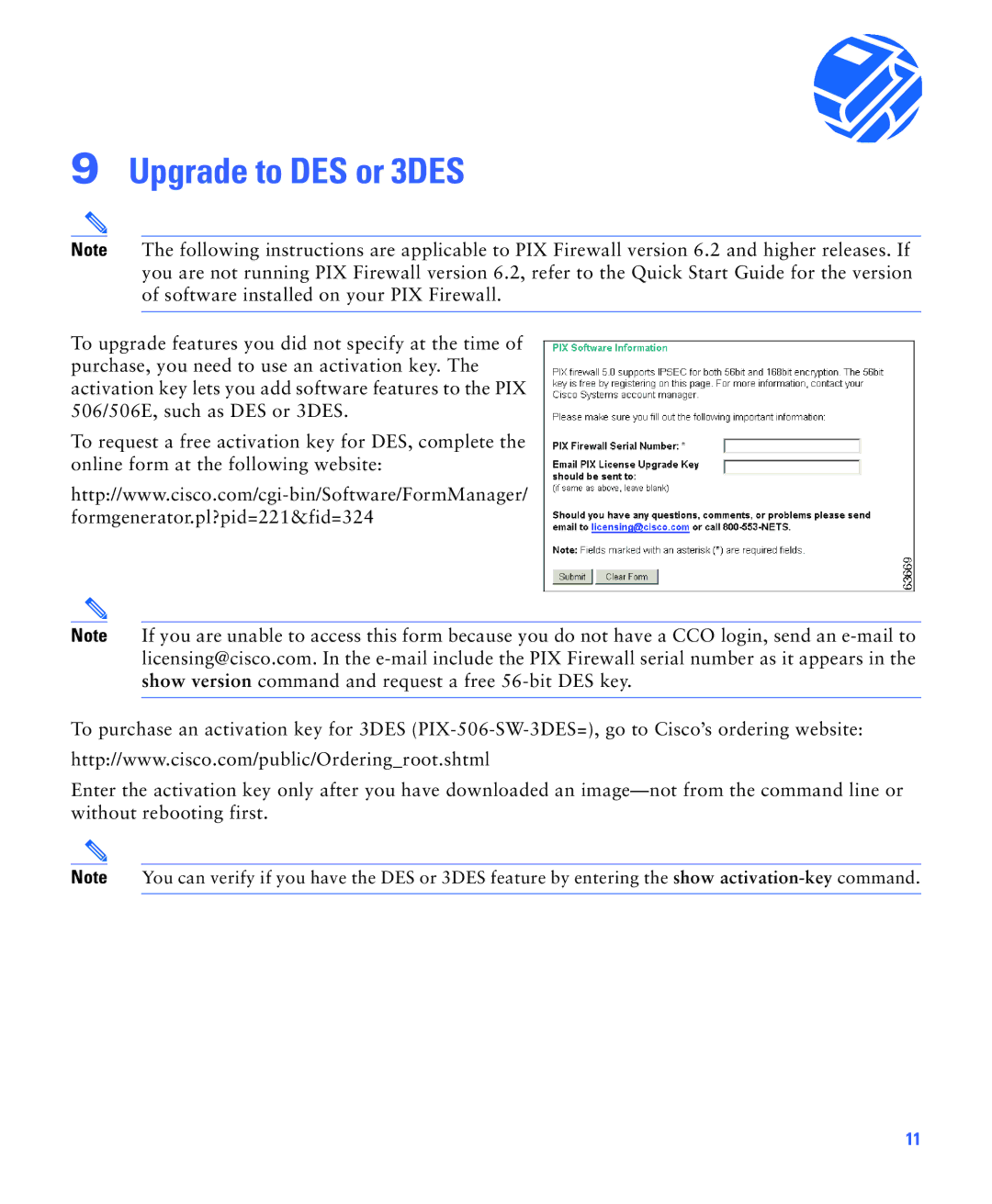 Cisco Systems PIX 506E quick start Upgrade to DES or 3DES 