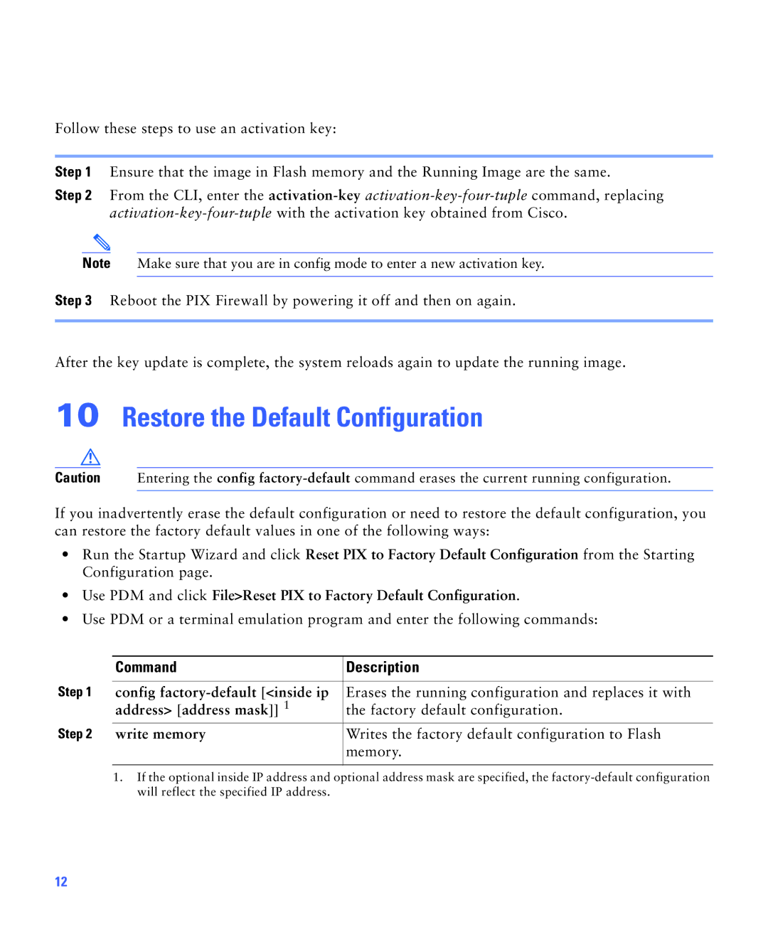 Cisco Systems PIX 506E quick start Restore the Default Configuration, Command Description 