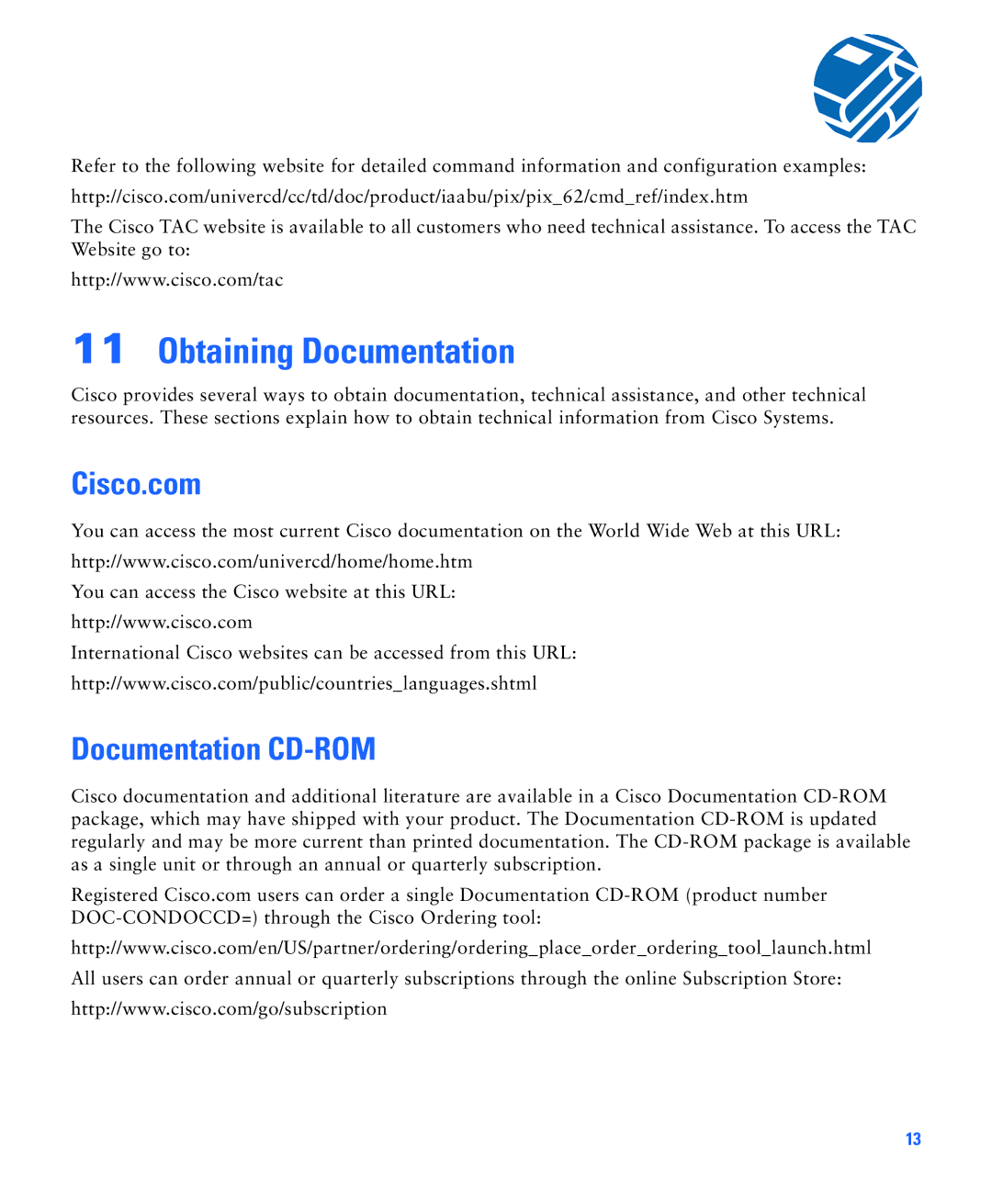 Cisco Systems PIX 506E quick start Obtaining Documentation, Cisco.com, Documentation CD-ROM 