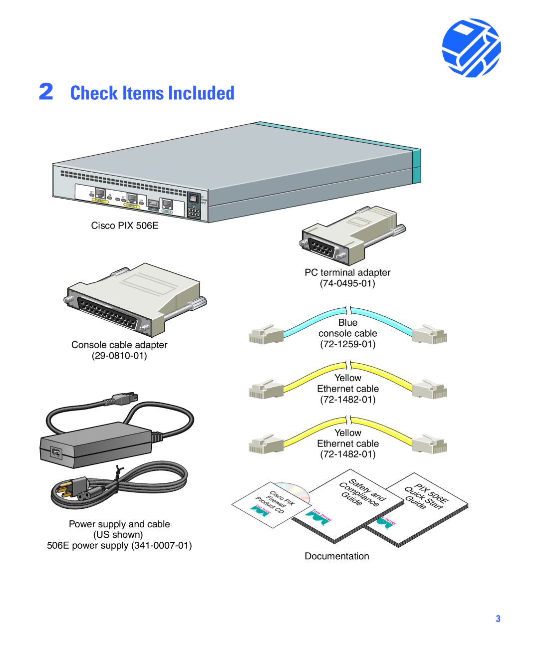 Cisco Systems PIX 506E quick start Check Items Included 